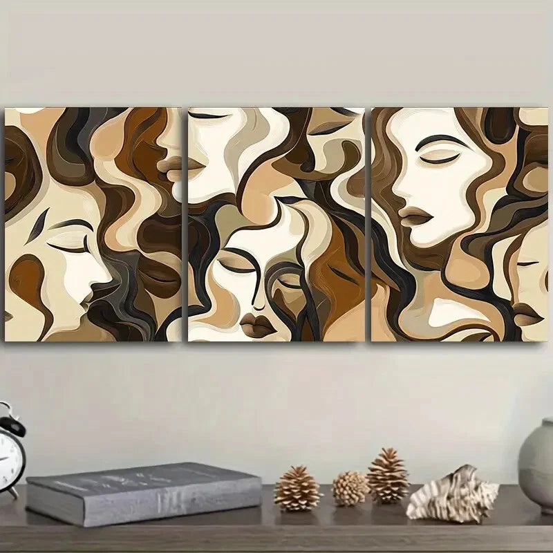 3-Piece Brown and Beige Faces Metal Print Wall Art - Ready to Hang, Modern Home Decor for Living Room, Bedroom & Office