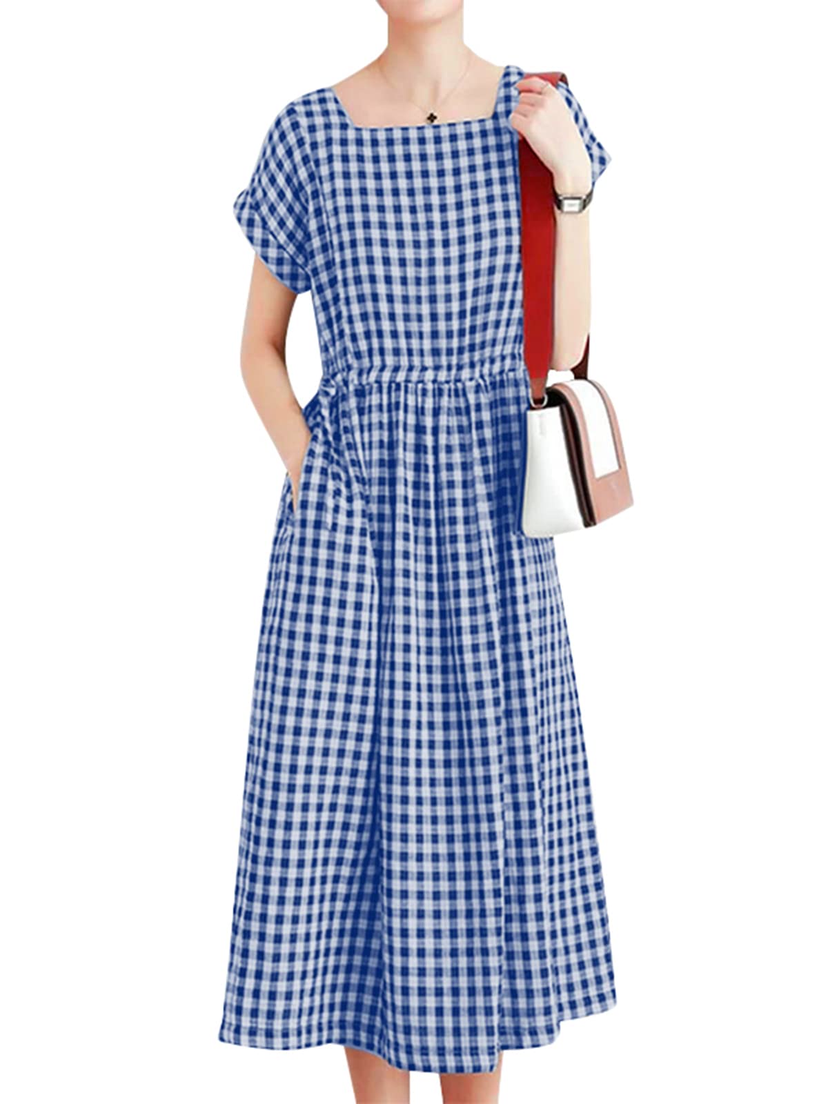 ZANZEA Women's Plaid Maxi Long Dress - Summer Round Neck Short Sleeve Casual Loose Flowy Dress for Beach, Vacation & Everyday Wear