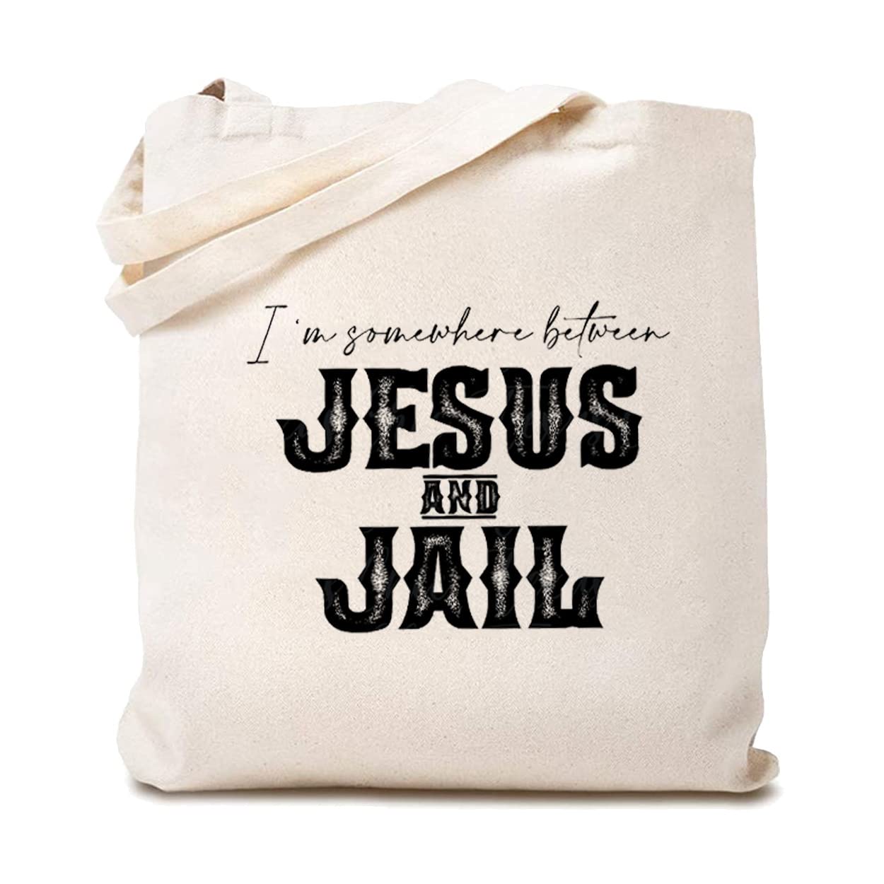Christian Canvas Tote Bag for Women - 'I'm Somewhere Between Jesus And Jail' Funny Religious Shoulder Bag | Reusable Grocery Shopping Bag | Perfect for Church, Bible Study & Daily Use