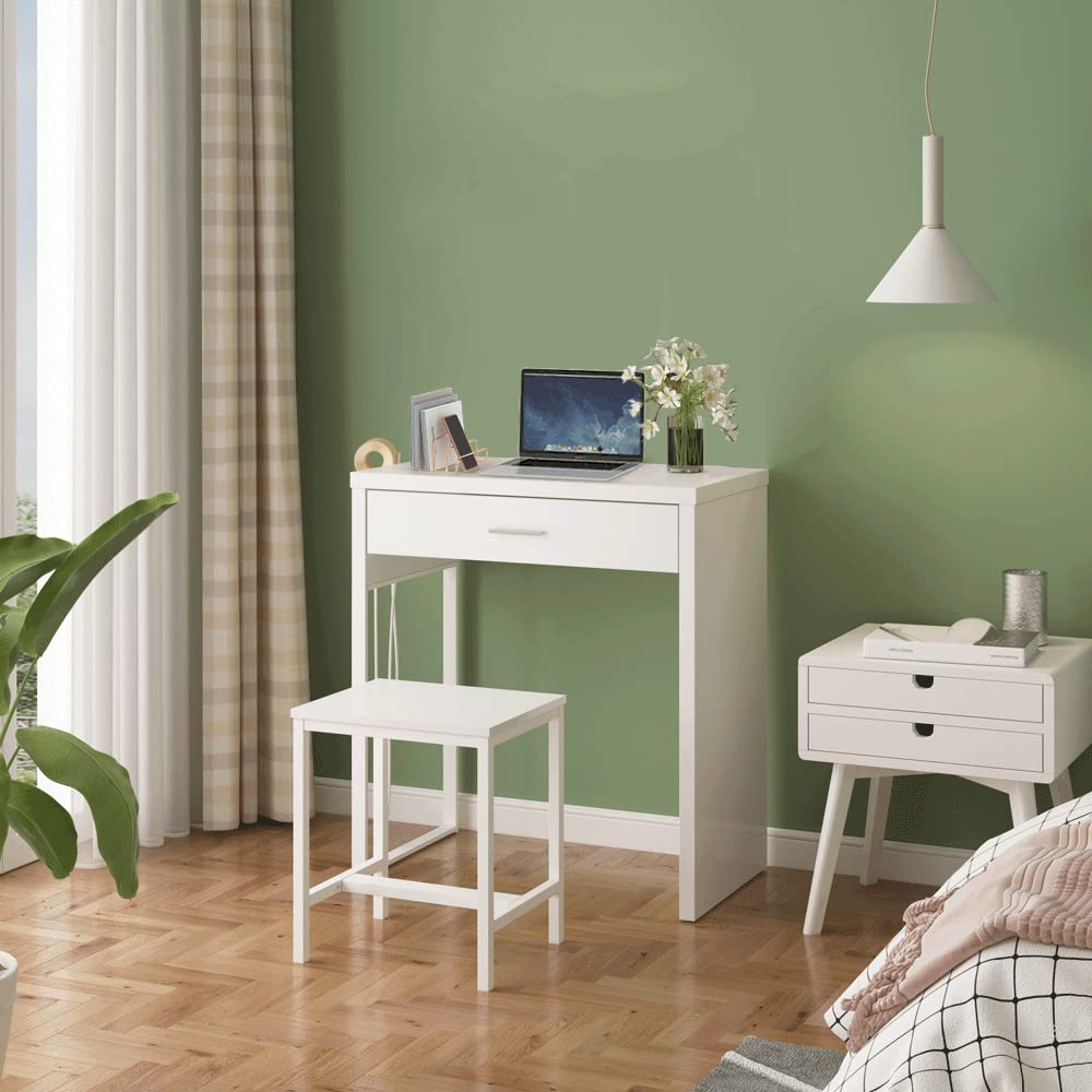 White Makeup Vanity Desk with Mirror & 10 LED Lights - Small Vanity Table & Chair Set for Bedroom, 27.6 Inch Dressing Table for Makeup, Skincare & Hair Styling - Perfect for Home, Apartment & Beauty Salon Use