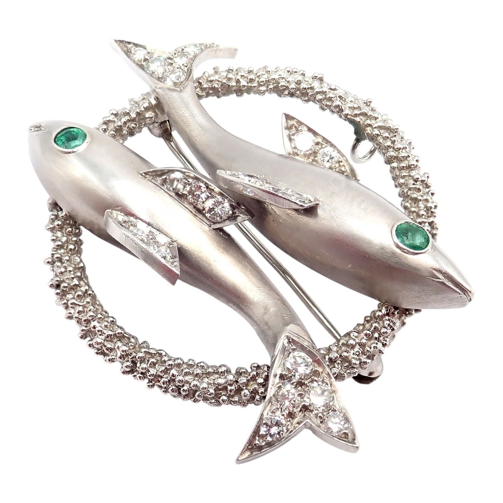 Cartier 18k White Gold & Platinum Diamond Emerald Zodiac Pisces Fish Brooch Pin - Luxury Jewelry Gift for Women, Perfect for Special Occasions & Collectors