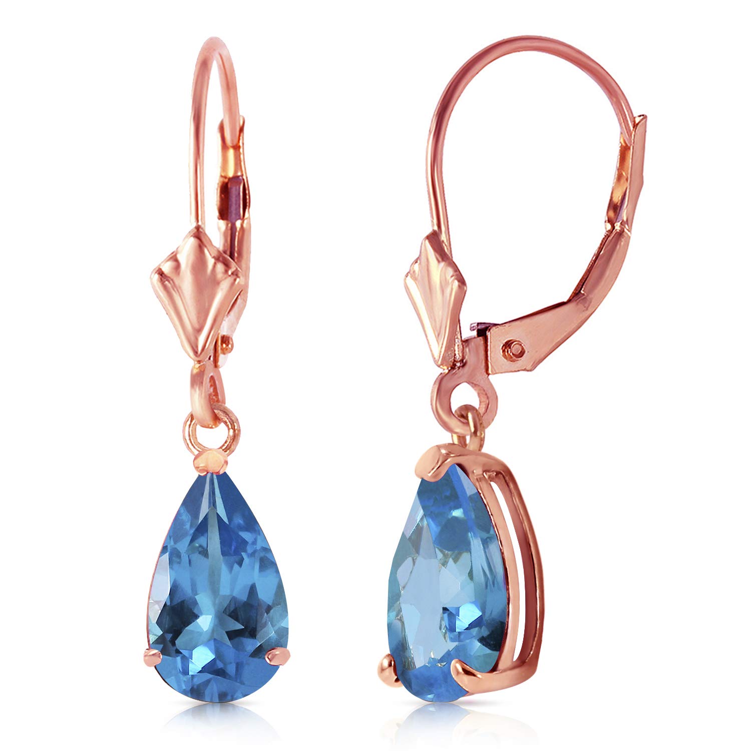 3.77 Carat 14k Solid Rose Gold Leverback Earrings with Genuine Blue Topaz Gemstone - Elegant Dangling Earrings for Women, Perfect for Weddings, Parties & Special Occasions