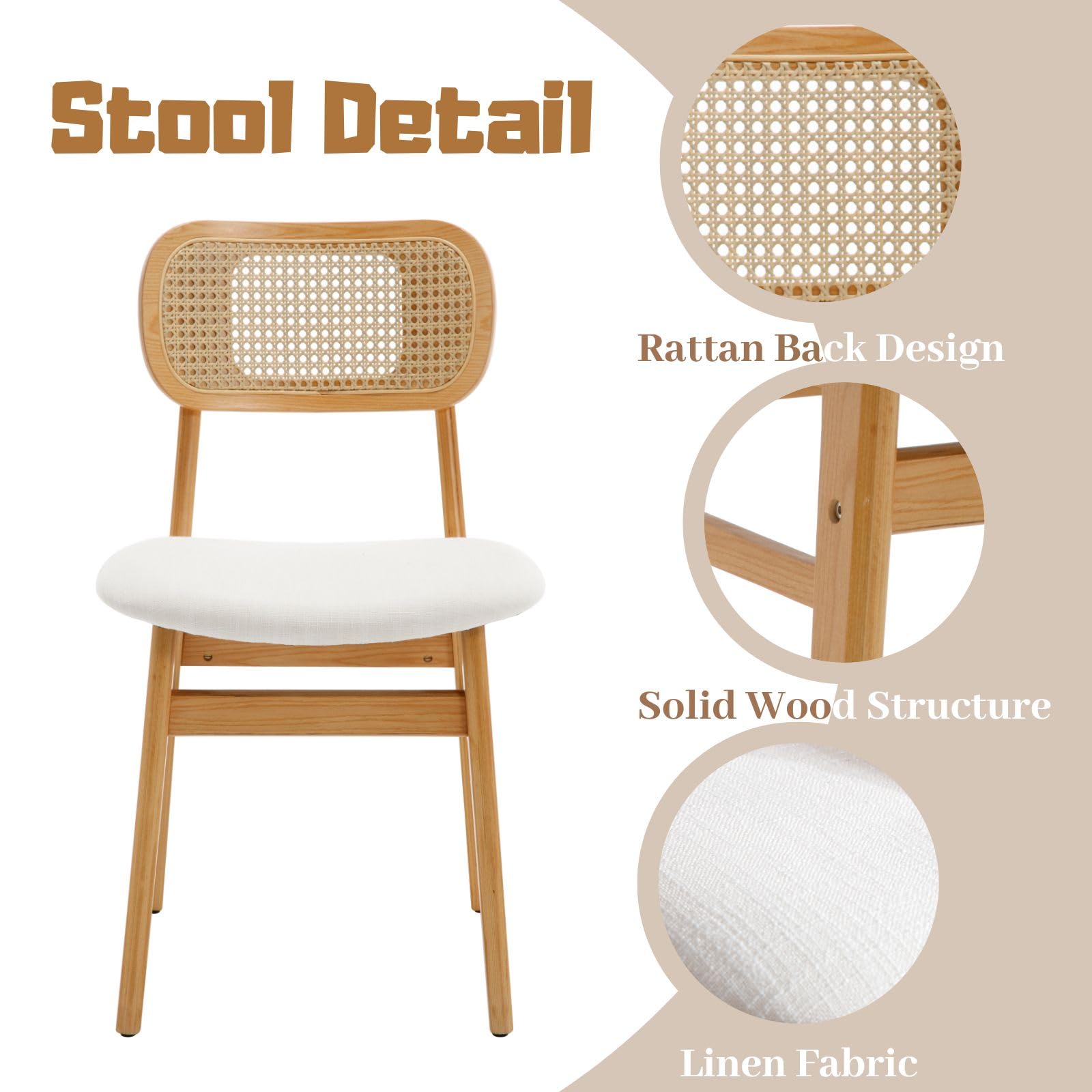 2 Pack Rattan Dining Chairs - Beige Linen Upholstered Farmhouse Kitchen Chairs with Natural Wood Frame | Boho Style Side Chairs for Dining Room, Breakfast Nook & Outdoor Patio