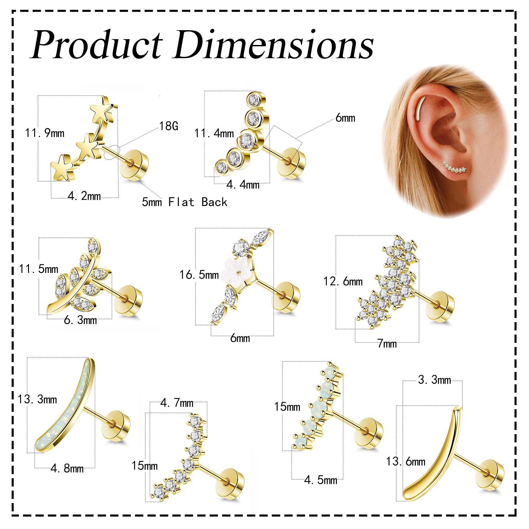 9Pcs 18G 14K Gold Plated 316L Stainless Steel Cartilage Earrings Set - Dainty Opal Leaf & CZ Flower Flat Back Studs for Helix, Conch Piercing | Hypoallergenic Jewelry for Women | Perfect for Everyday Wear, Gift Giving & Special Occasions