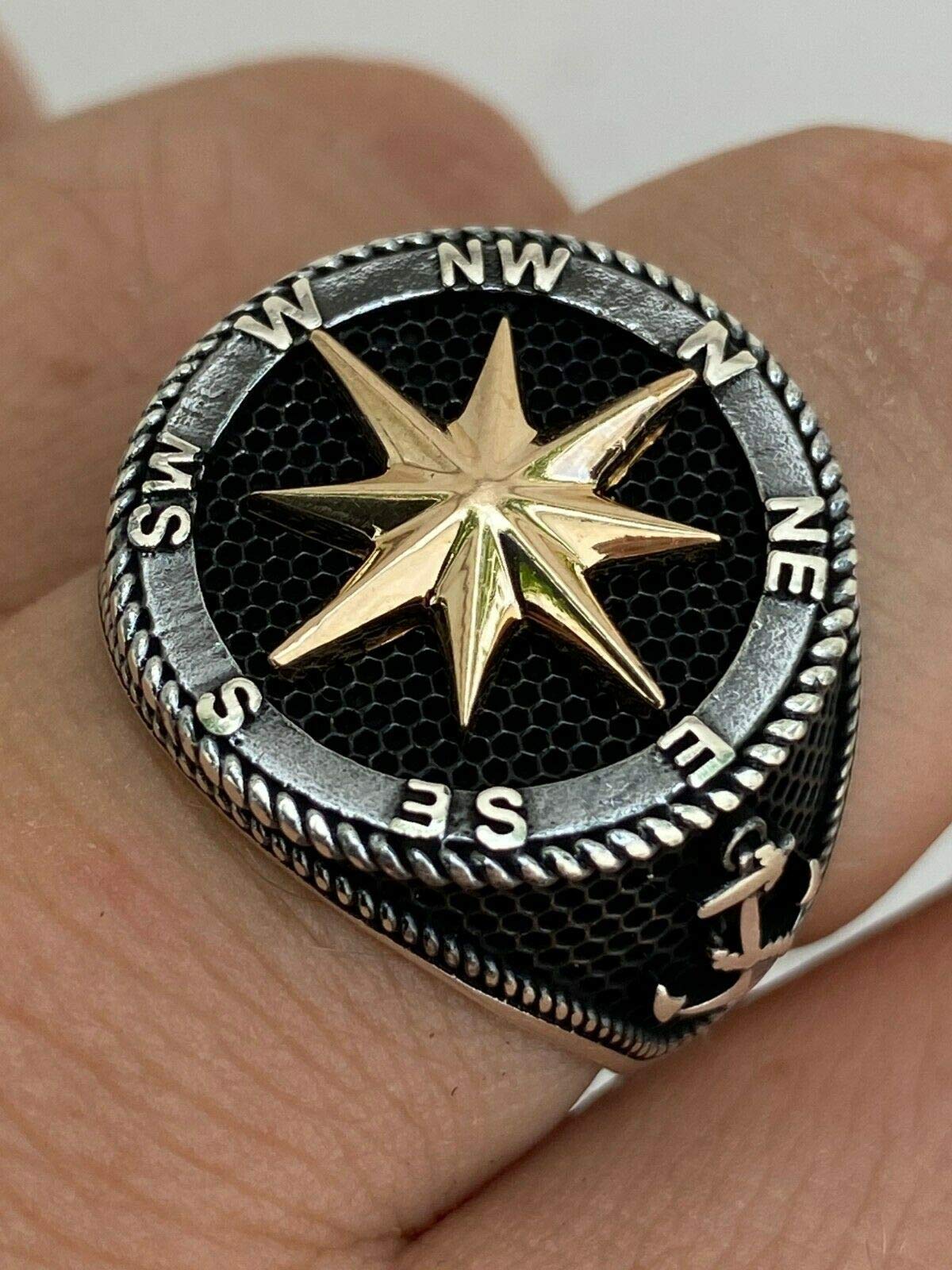 HarlemBling Solid 925 Sterling Silver & 10k Yellow Gold Men's Compass Ring - Nautical Anchor Jewelry for Men - Sizes 7-13 - Perfect for Gifts, Travel & Outdoor Adventures