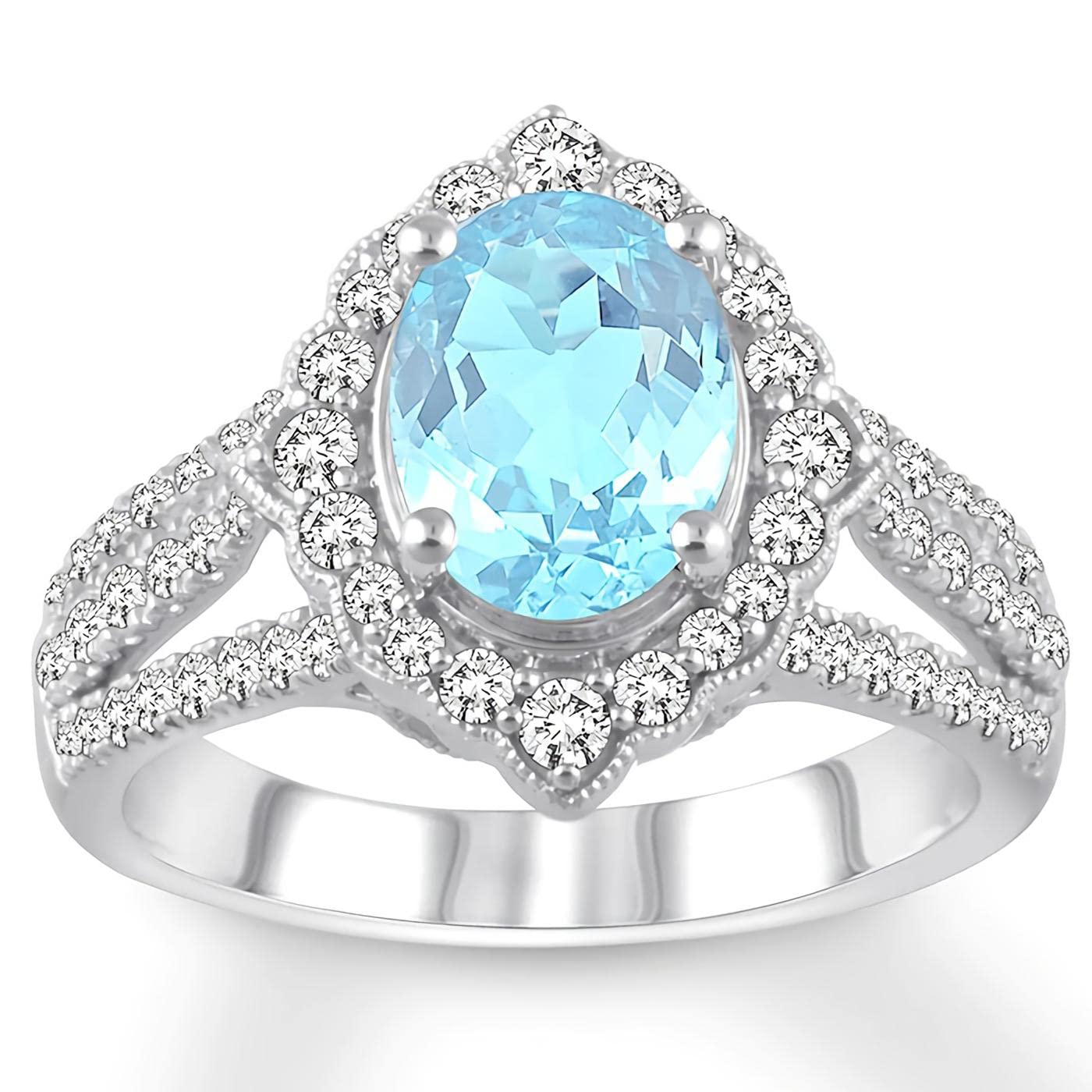 3.25 Carat (CTW) Aquamarine Moissanite Engagement Ring for Women - Platinum Plated Sterling Silver Wedding Band, Anniversary Gift, Promise Ring for Brides, Fiancées & Wives