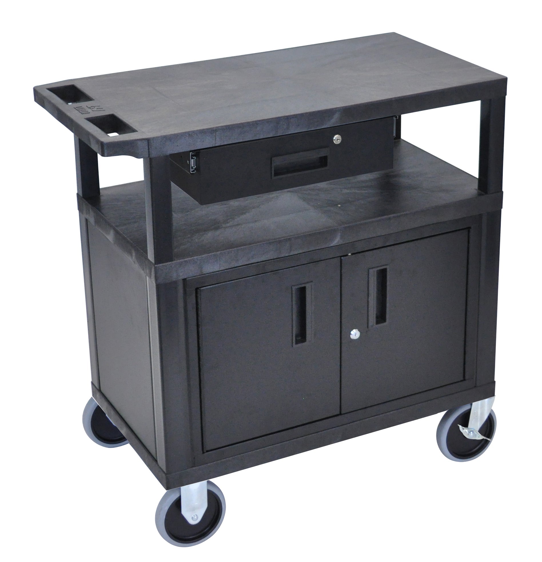 Luxor Black EC34CDHD B 18x32 Utility Cart with 3 Shelves, Cabinet & Drawer - Heavy Duty Casters for Office, Warehouse, or Home Organization