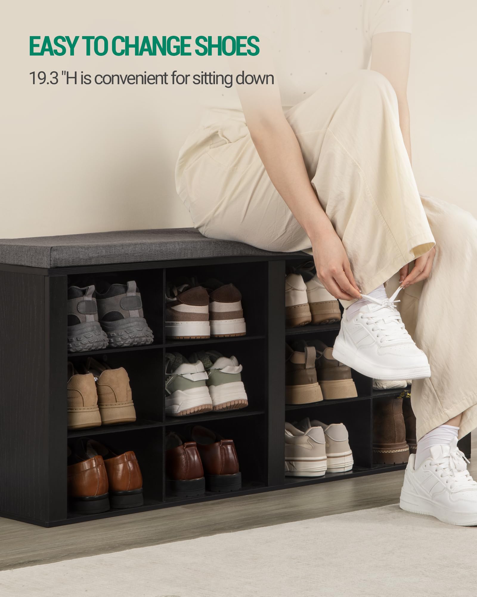 Black Shoe Bench with Cushion - 12-Cubby Entryway Storage Bench with Adjustable Shelves | Shoe Organizer Cabinet for Living Room, Bedroom & Hallway | Perfect for Small Space Organization & Entryway Decor