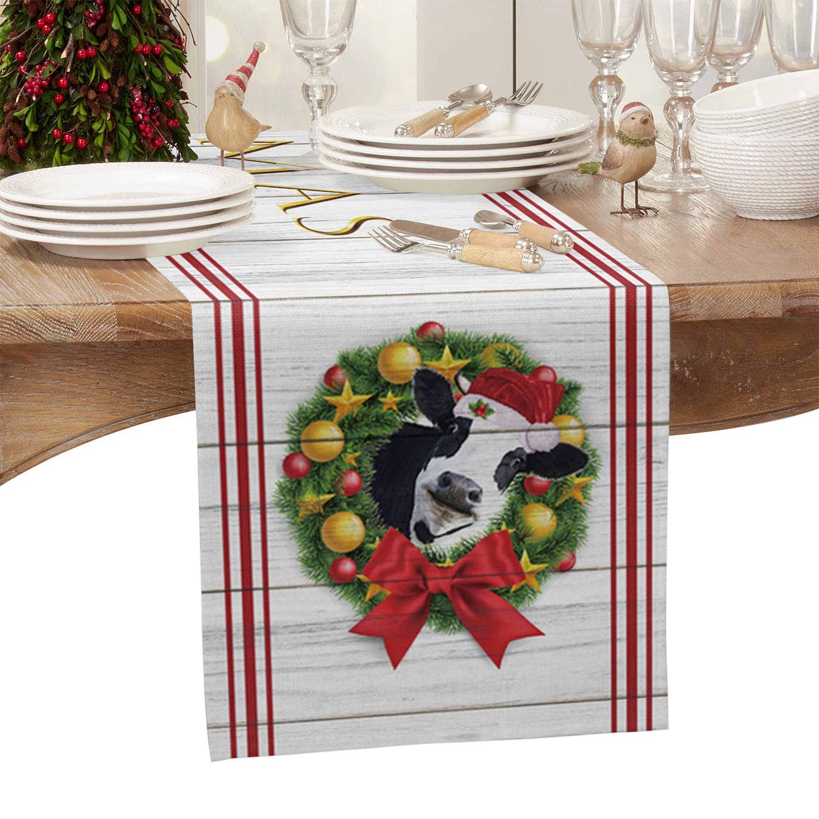 16x72 Inch Christmas Table Runner - Farmhouse Cow & Wreath Design, Rustic Wood Grain Table Decor for Holiday Dining, Coffee Tables & Party Decorations | Perfect for Farmhouse Christmas Dinner, Winter Gatherings & Festive Home Decor