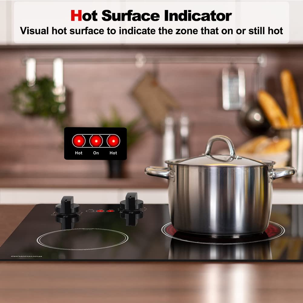 ThermoMate 21 Inch Built-in Radiant Electric Cooktop - 3700W Ceramic Stove with 2 Burners, UL Certified, Knob Control, 240V - Perfect for Apartments, Small Kitchens & Modern Homes