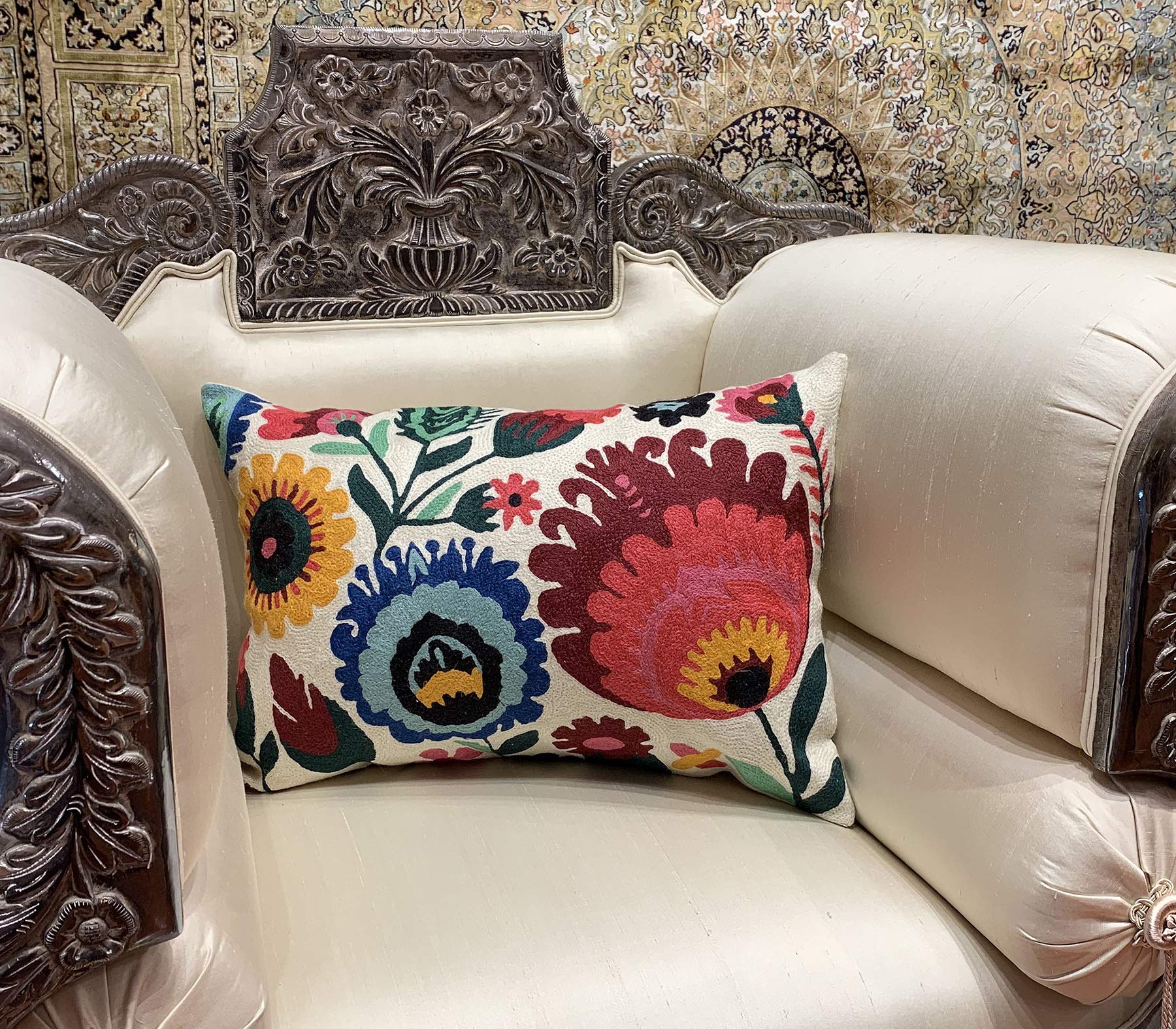 Hand Embroidered Wool Lumbar Pillow Cover 14x20 Inch - Floral Polish Flower Design for Accent Chairs, Modern Farmhouse Sofa & Couch Cushions | Perfect for Living Room Decor, Bedroom Throw Pillows & Cozy Home Styling
