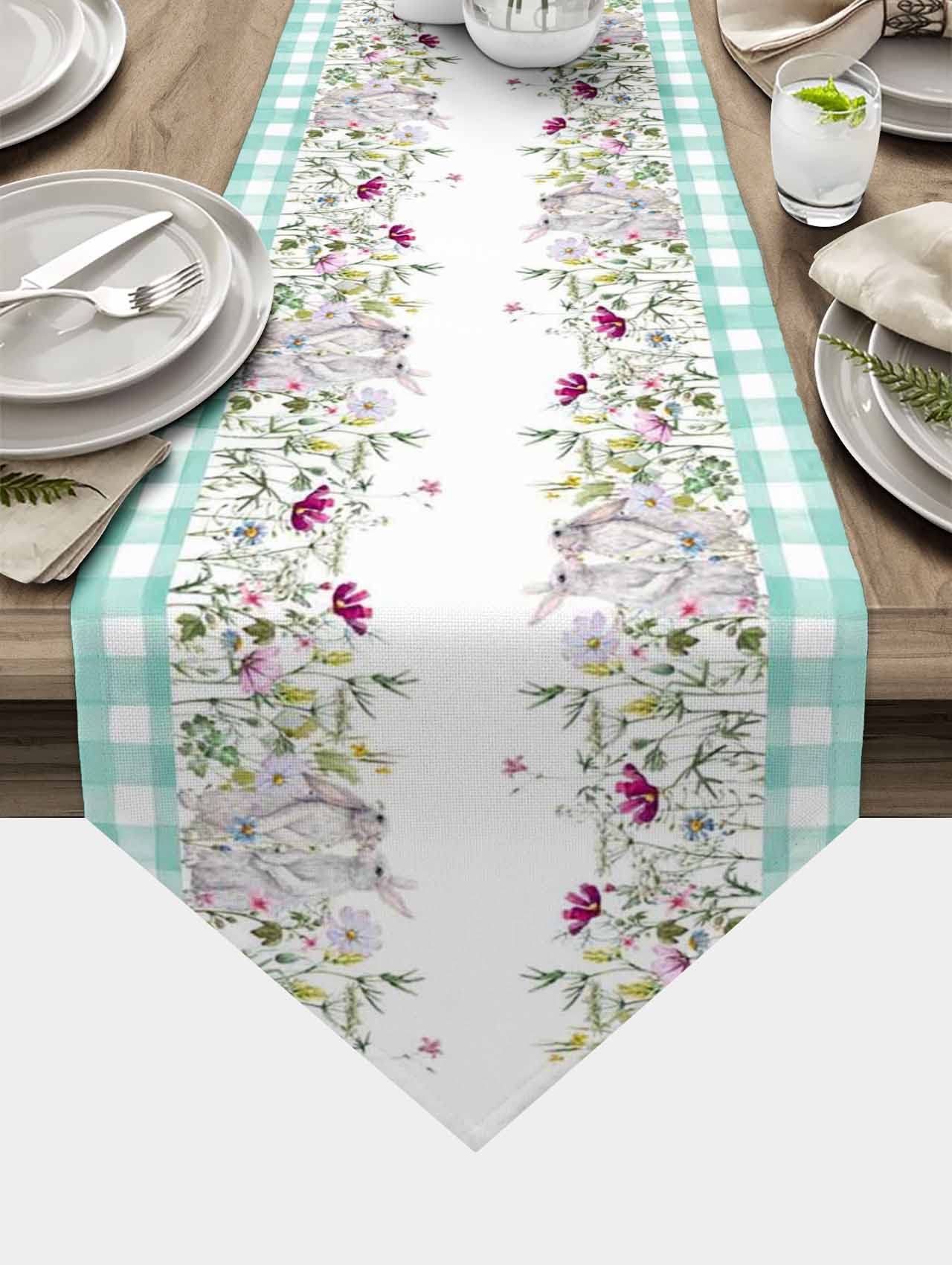 Easter Table Runner with Spring Flowers & Bunny Design - Green Buffalo Plaid Decorative Table Scarf for Easter Day, Spring Dinner, Home Kitchen & Dining Room Decor - Perfect for Easter Party Supplies & Holiday Gatherings