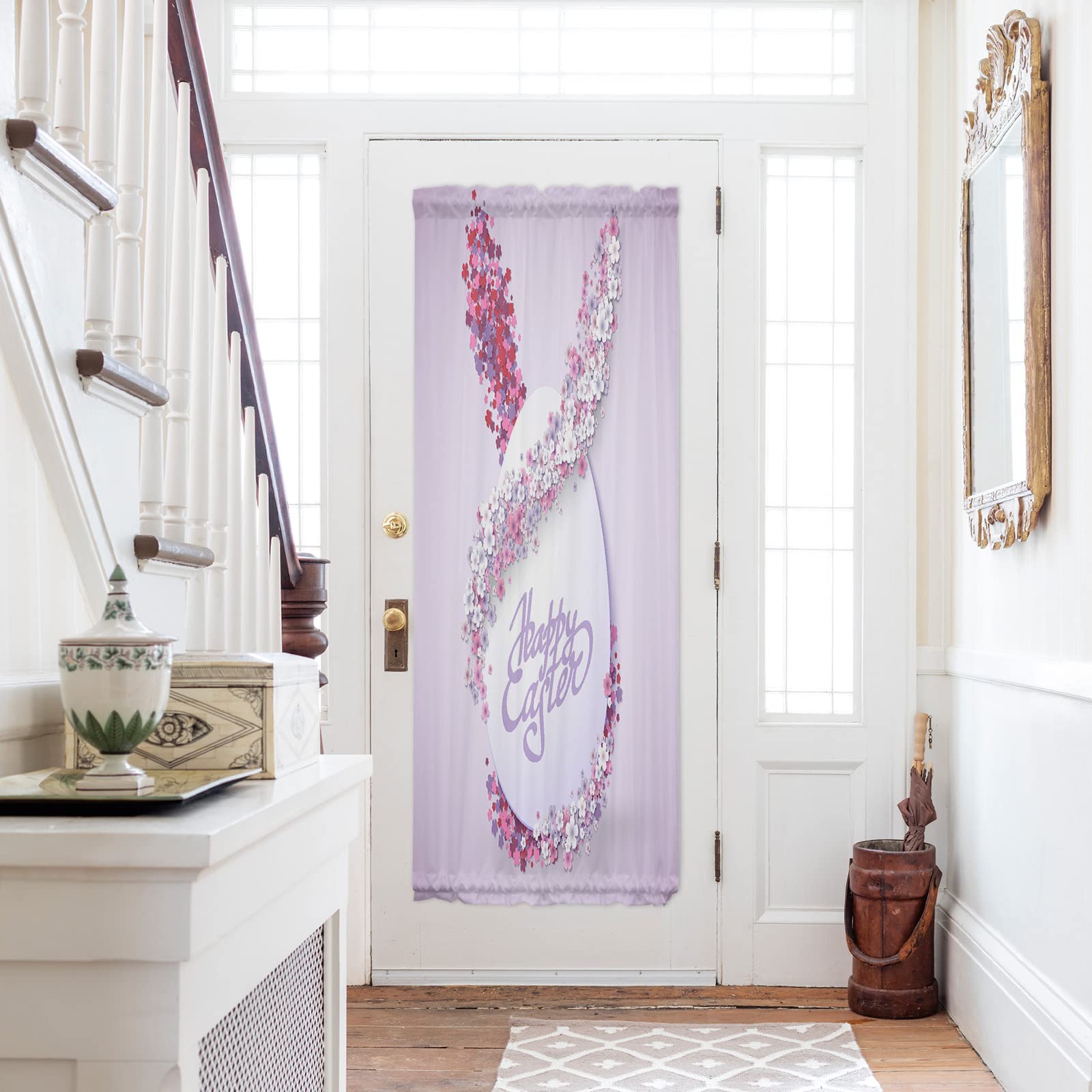Libaoge Pink Easter Egg Floral Semi-Sheer Door Curtains - 54W x 72L, Rod Pocket Design for French Doors & Sliding Glass Doors - Perfect for Spring Decor & Easter Home Decorating