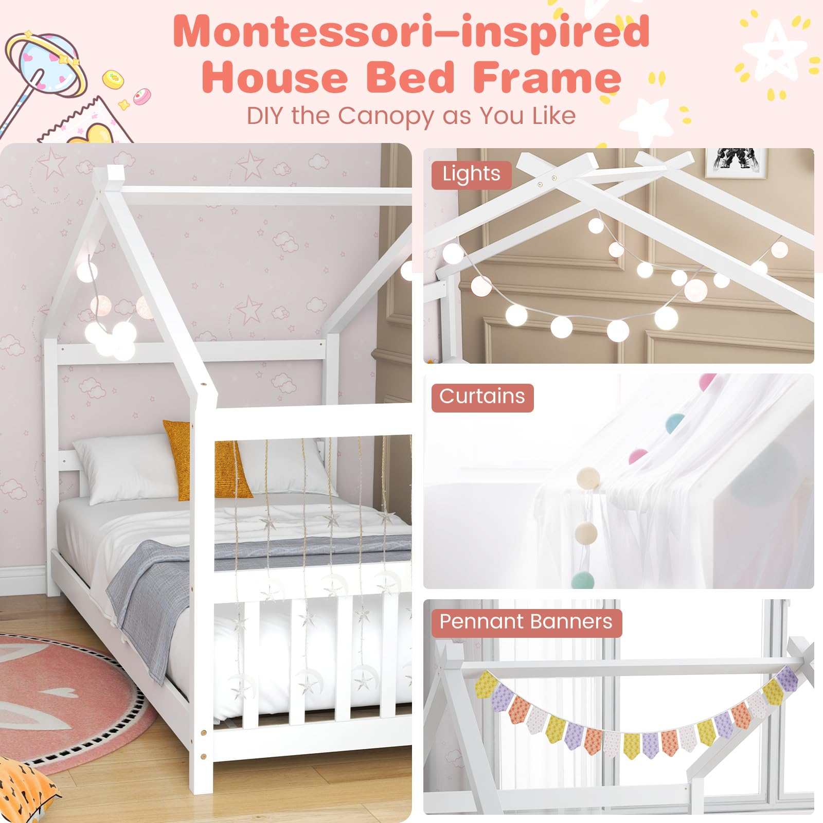**KOMFOTT Twin Wood House Bed for Kids – Low Profile Floor Bed Frame with Roof, Headboard & Footboard – Montessori Tent Bed for Toddlers, Boys & Girls – No Box Spring Needed – White – Perfect for Playrooms, Bedrooms & Montessori Learning Spaces**