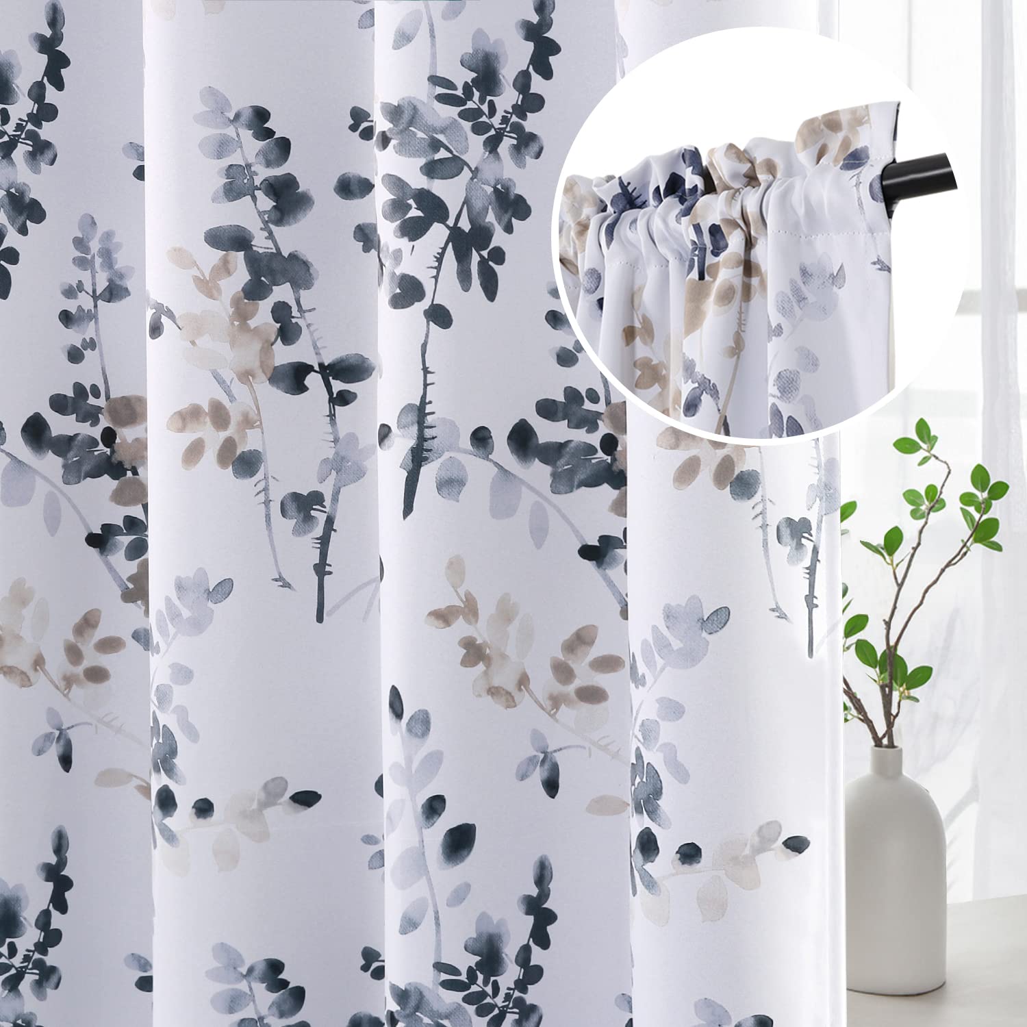 H.VERSAILTEX 95 Inch Floral Curtains - Blackout Room Darkening Window Panels for Bedroom, Rod Pocket Design, Classical Bluestone & Taupe Floral Print, Set of 2 Panels - Perfect for Living Room, Nursery, or Home Decor