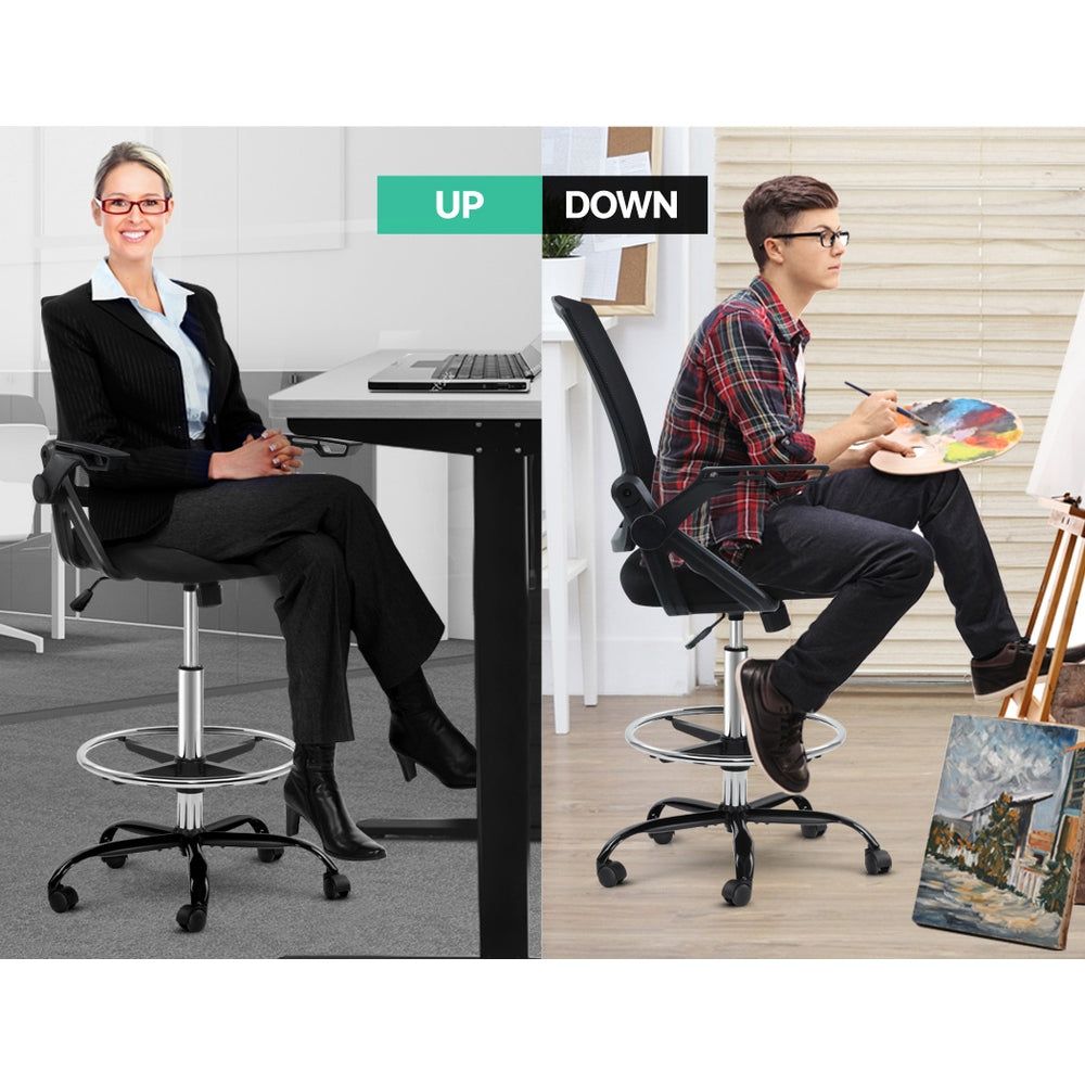 Ergonomic Artiss Office Chair - Adjustable Mesh Drafting Stool with Lumbar Support, Black - Perfect for Home Office, Gaming & Study Desk Setup