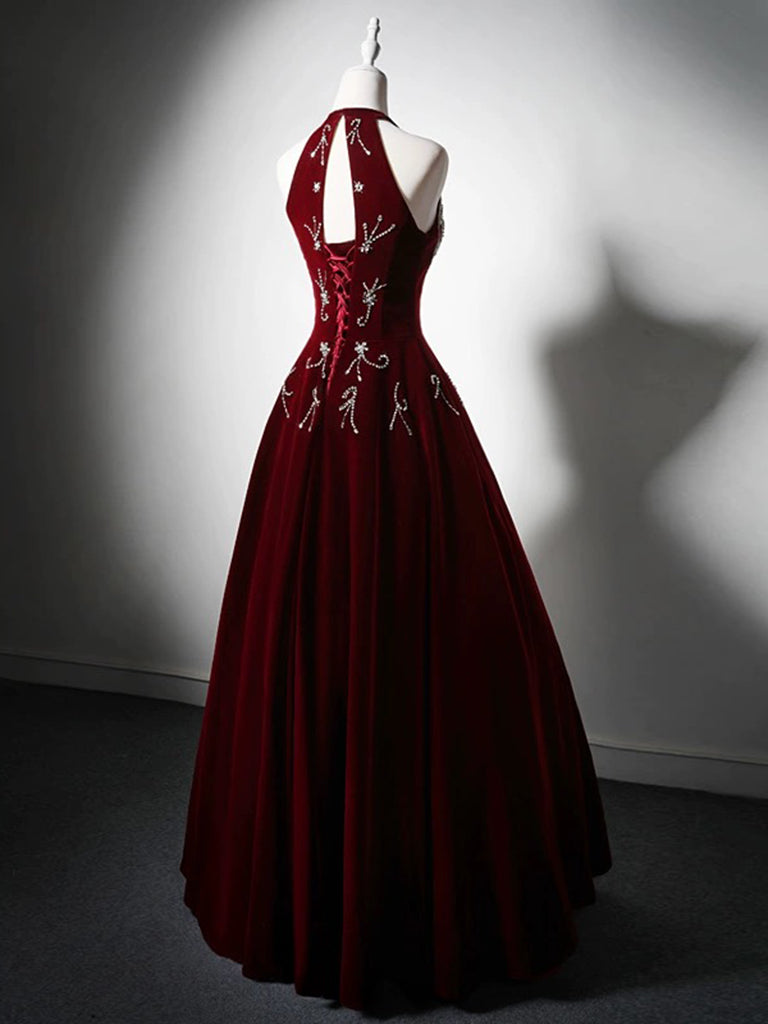 Elegant A-Line Velvet Sequin Beaded Burgundy Long Prom Dress - Formal Evening Gown for Homecoming, Wedding & Special Occasions