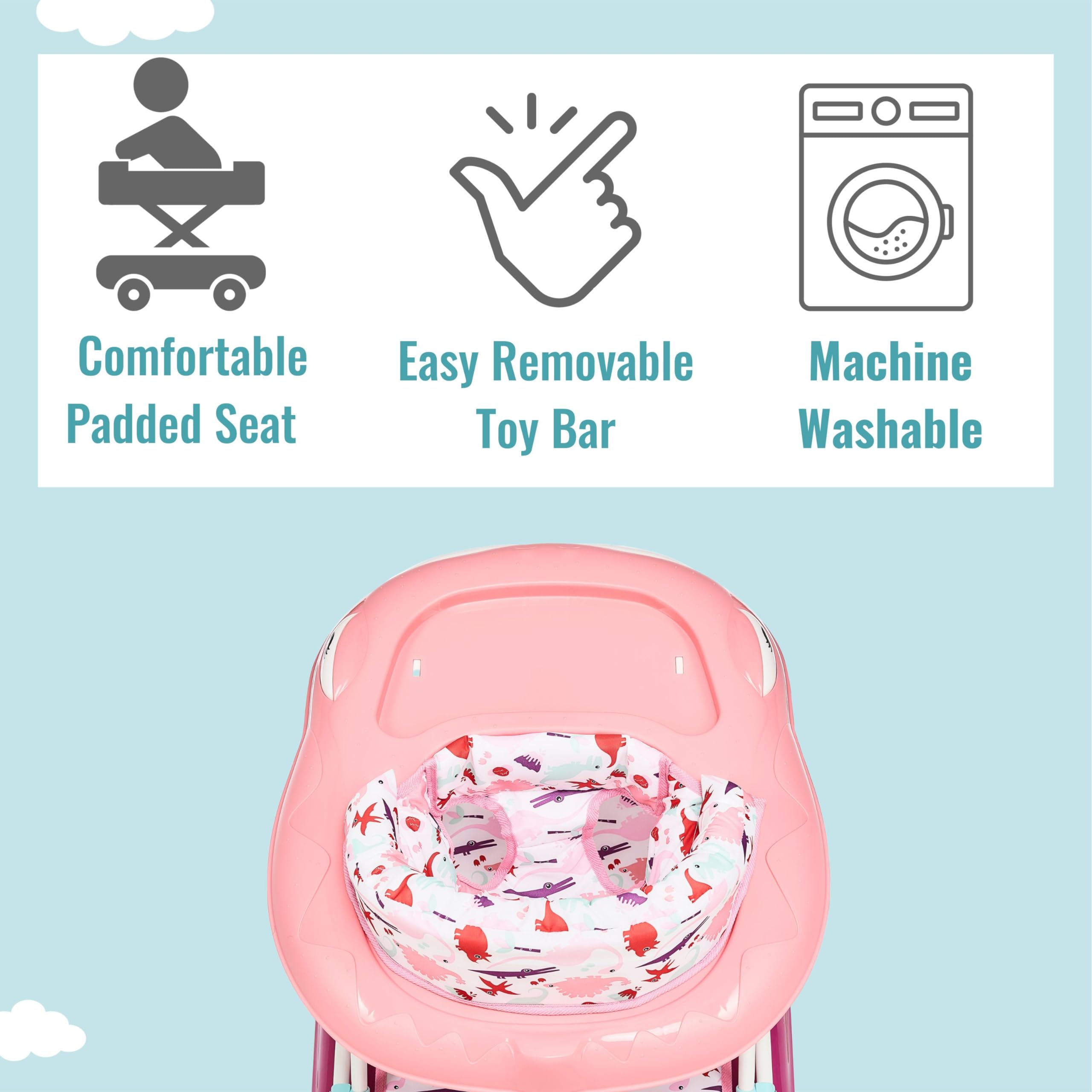 Dream On Me Baby Steps Baby Walker in Pink - Adjustable 3-Position Height, Removable Tray & Foldable Design for Easy Storage | Perfect for Learning to Walk, Indoor Play & Parent-Assisted Baby Mobility