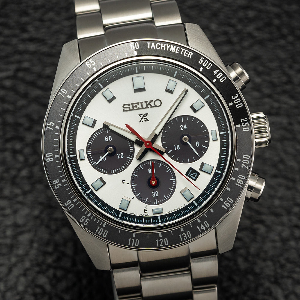 Seiko SSC911 Prospex Speedtimer Chronograph Watch - 41.4mm White Dial with Stainless Steel Bracelet | Solar Powered Sports Watch for Men, Racing & Outdoor Activities