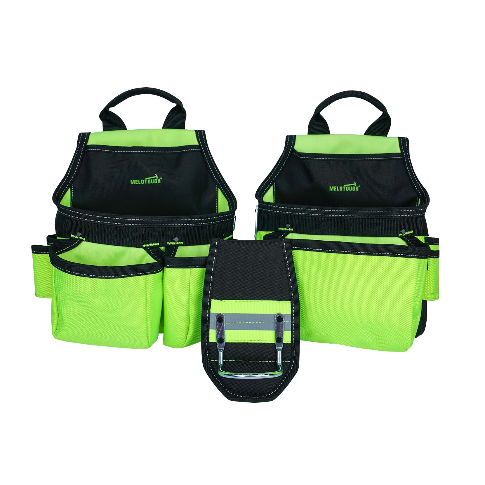 MELOTOUGH Reflective Heavy Duty Construction Tool Belt with Suspenders - High Visibility Safety Work Belt for Builders, Electricians & Contractors - Ideal for Night Work & Hazardous Job Sites (Hi-Viz Lime)