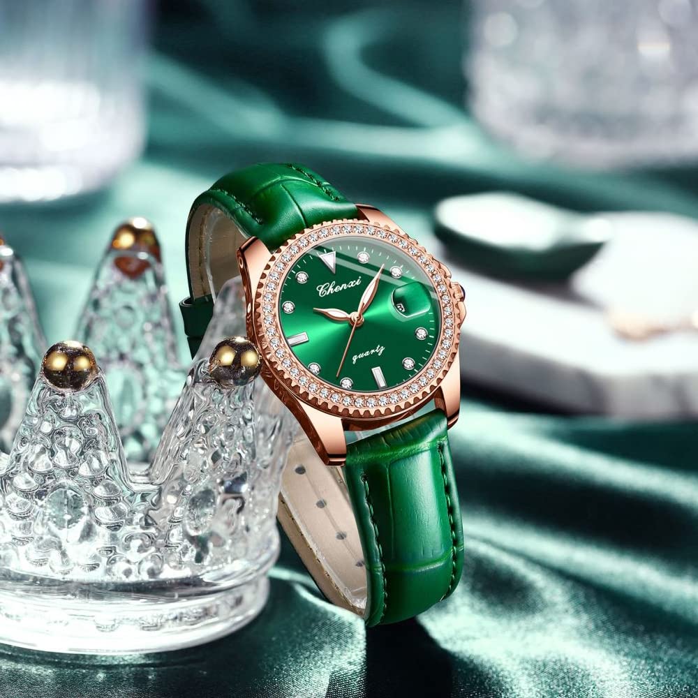 Luxury Green Iced Out Women's Watch - Quartz Movement, Crystal Rhinestone Diamond, Leather Strap | Elegant Wristwatch for Women | Perfect for Parties, Weddings & Special Occasions