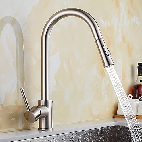 OMOONS Commercial Single Handle Pull Out Kitchen Faucet - Farmhouse Bar Sink Tap with Rotating Sprayer, Nickel Finish for Modern & Rustic Kitchens, Restaurants & Outdoor Bars