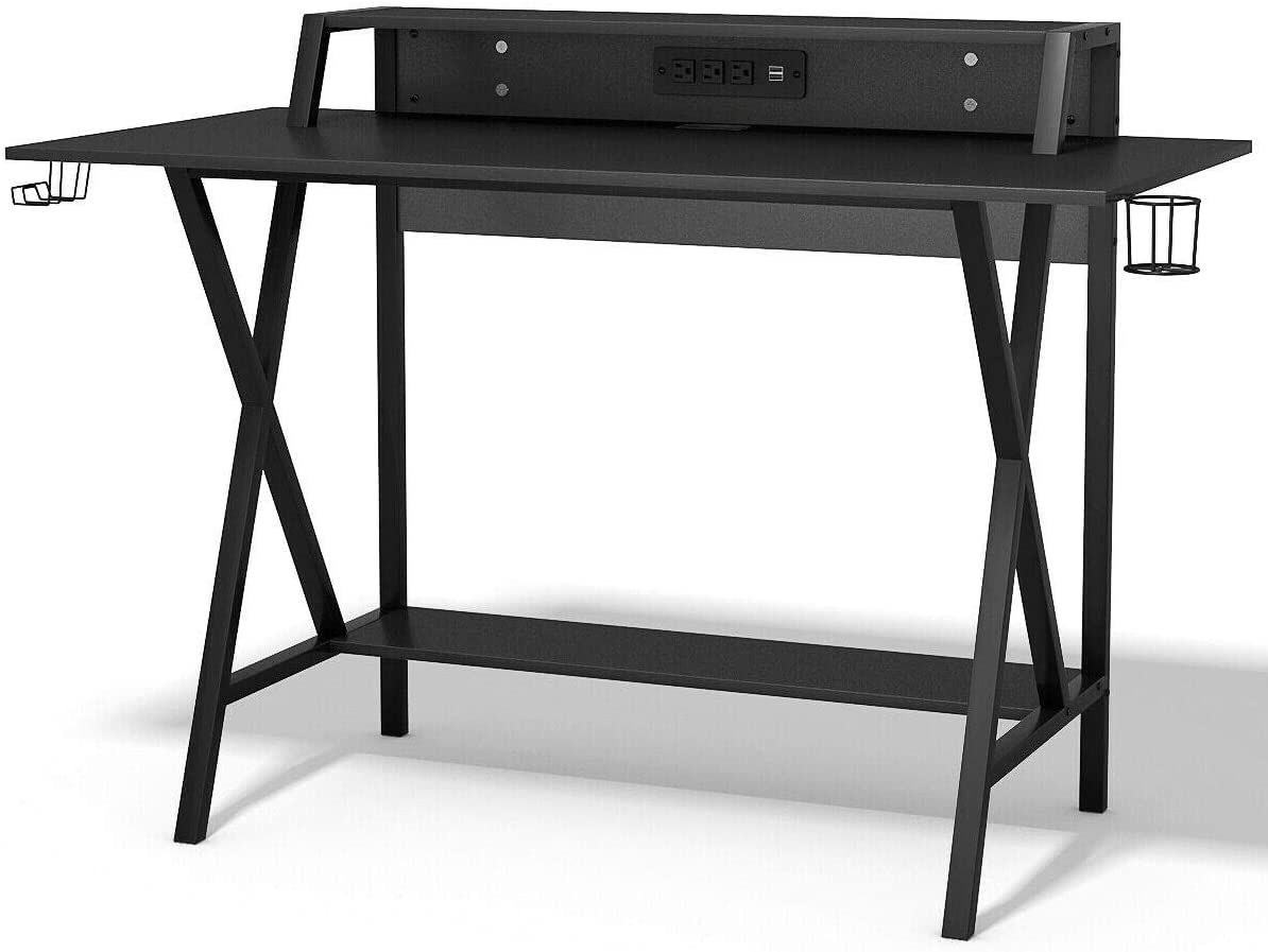 BUSHLY Gaming Desk - 55 Inch Black Computer Desk with Cup Holder, Headphone Hook & Cable Management | Ergonomic Home Office Desk for Gamers & Professionals | Perfect for Streaming, Video Editing & Remote Work