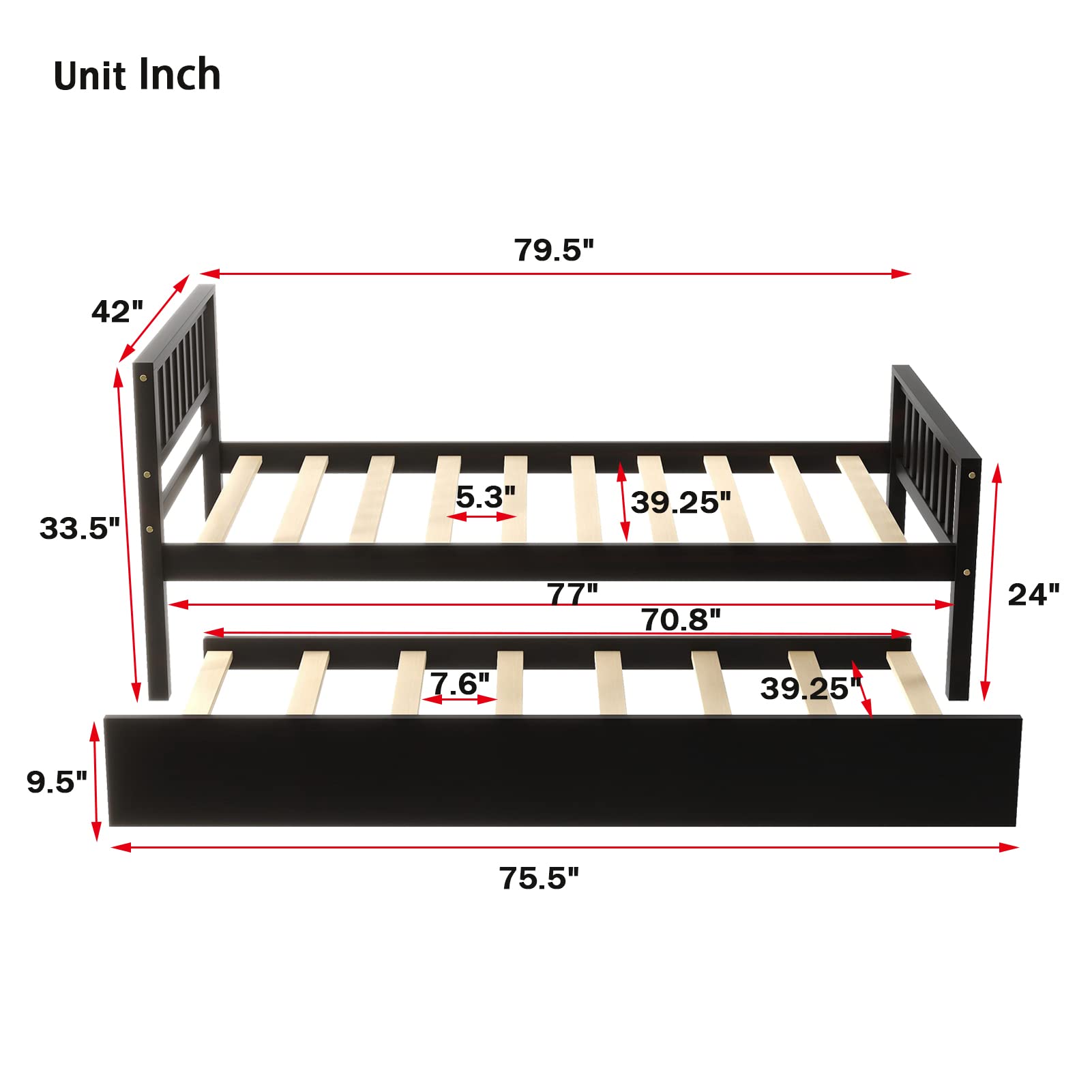 **Twin Bed Frame with Trundle - Solid Wood Platform Bed with Headboard & Footboard, Wood Slat Support - No Box Spring Needed - Perfect for Small Bedrooms, Guest Rooms & Living Spaces**
