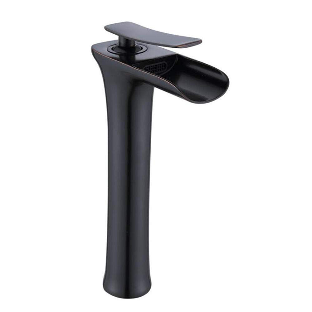 Tall Waterfall Basin Mixer Tap - Brass Single Hole Bathroom Sink Faucet with Hot & Cold Water - Above Counter Black Bathroom Sink Tap for Modern Vanities & Luxury Bathrooms
