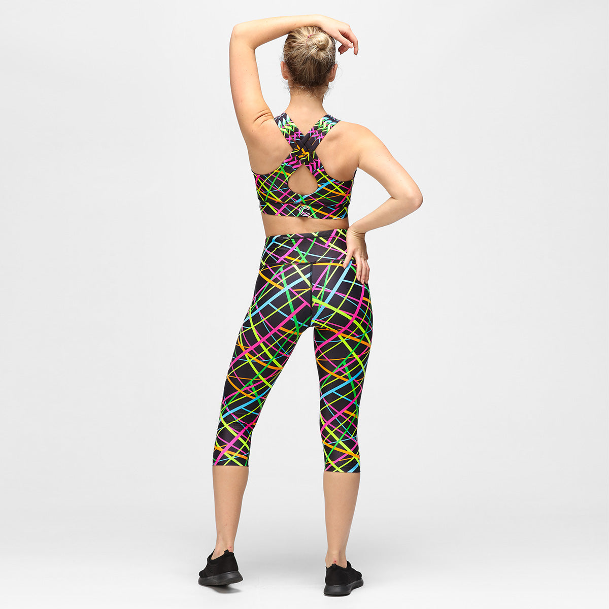 Clubbercise Neon Beam Capri Leggings - High Waist Workout Pants for Dance Fitness & Yoga - Perfect for Gym, Zumba, and Nightclub Dancing