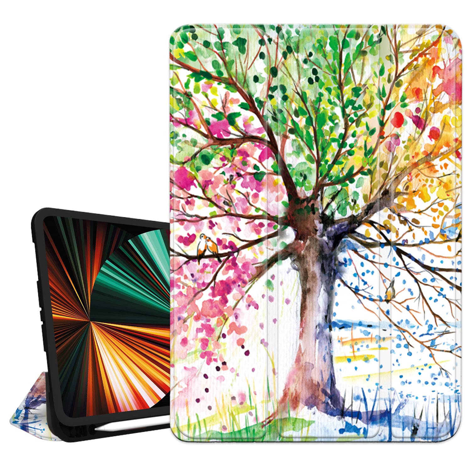 Hepix iPad Pro 11 inch Case with Pencil Holder - Auto Sleep/Wake Trifold Cover for iPad Pro 11 (3rd/2nd/1st Gen 2021/2020/2018) - Wireless Charging Compatible, Four Seasons Trees Design - Perfect for Work, Travel & Home Use