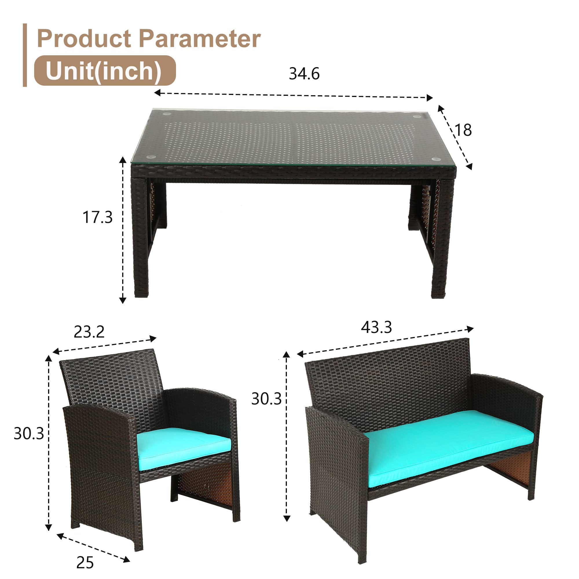 Premium 4-Piece Wicker Rattan Patio Furniture Set with Blue Cushions - Outdoor Conversation Set for Garden, Porch, Poolside & Balcony - Durable FDW Lawn Chairs Perfect for Relaxing & Entertaining
