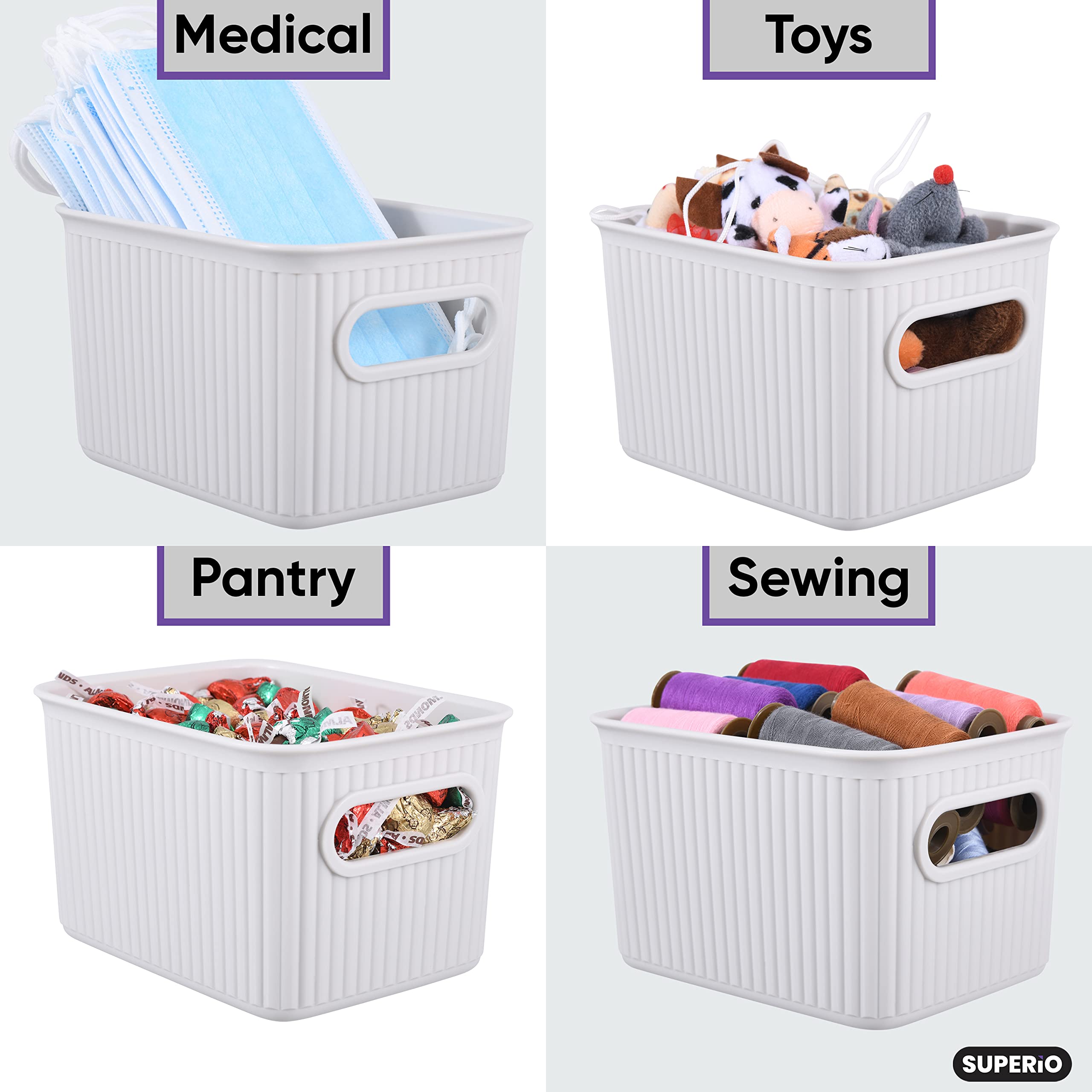 Superior Ribbed Plastic Storage Bins - 4 Pack Small White Smoke Organizer Baskets for Home, Closet, Shelves & Drawers | 1.5L Decorative Open Container Boxes | Perfect for Bedroom, Bathroom & Office Organization