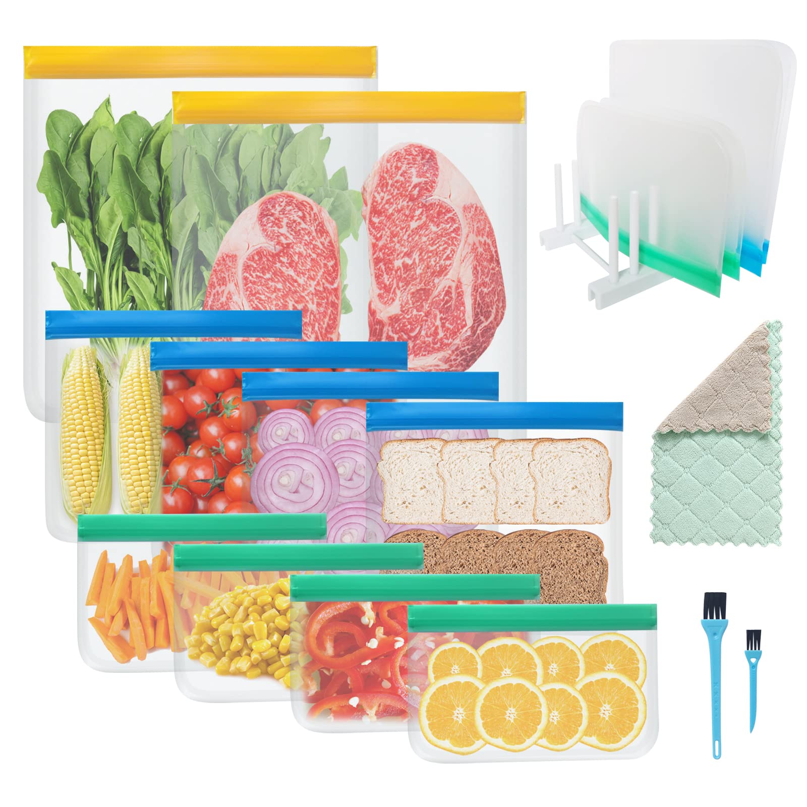 14-Piece Reusable Storage Bags Set - Extra Thick Eco-Friendly Freezer Bags for Meat, Fruits & Vegetables (2 Gallon + 4 Sandwich + 4 Snack Bags) with Cleaning Brush, Drain Rack & Kitchen Towel - Perfect for Meal Prep, Food Storage & Kitchen Organization
