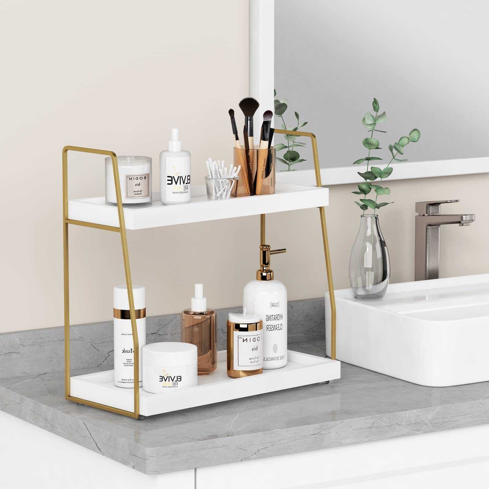 Forbena 2-Tier Wooden Bathroom Organizer Shelf - White & Gold Vanity Tray for Makeup, Jewelry & Essentials | Countertop Storage Solution for Bathroom Sink, Bedroom Dresser & Home Decor