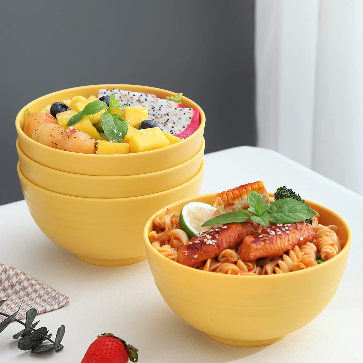 Kyraton 4-Piece Unbreakable Cereal Bowls Set - Lightweight Reusable Bowls for Rice, Noodles, Soup, Salad & Fruit - Dishwasher & Microwave Safe, BPA-Free (Gold Yellow) - Perfect for Family Meals, Camping & Dorm Use