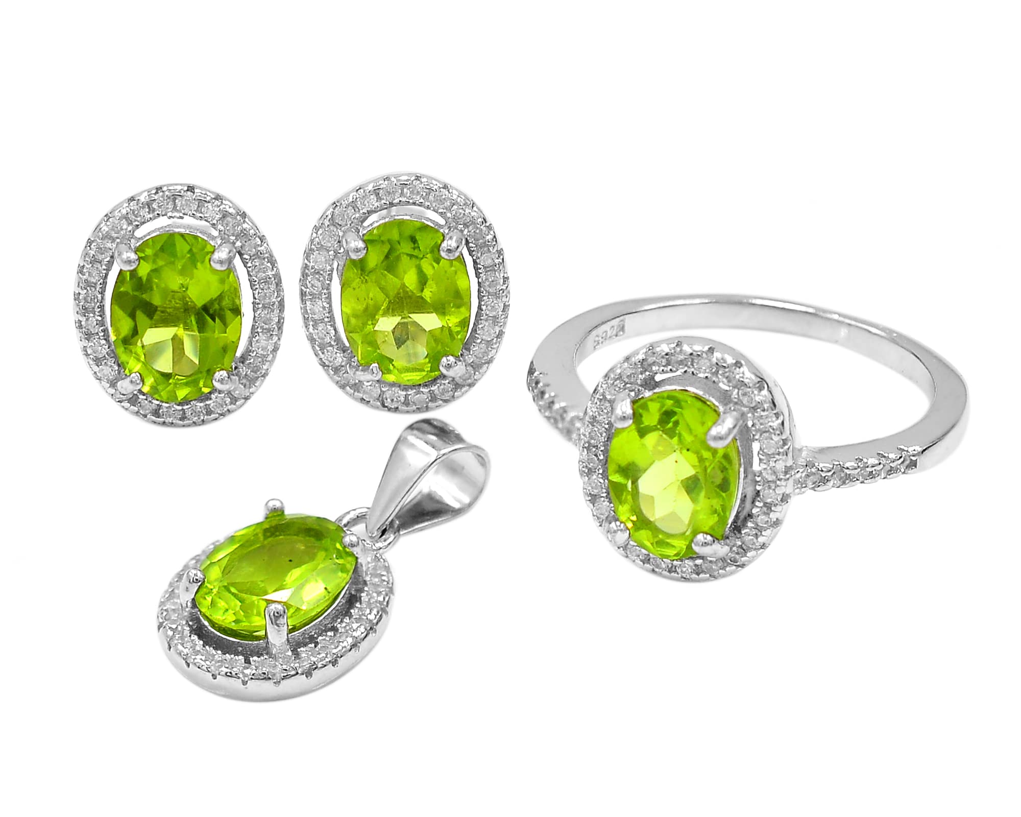 Natural Green Peridot Jewelry Set - 925 Sterling Silver Ring, Earrings & Pendant | August Birthstone Gift for Women, Girlfriend | Perfect for Christmas, Birthday & Anniversary Gifts