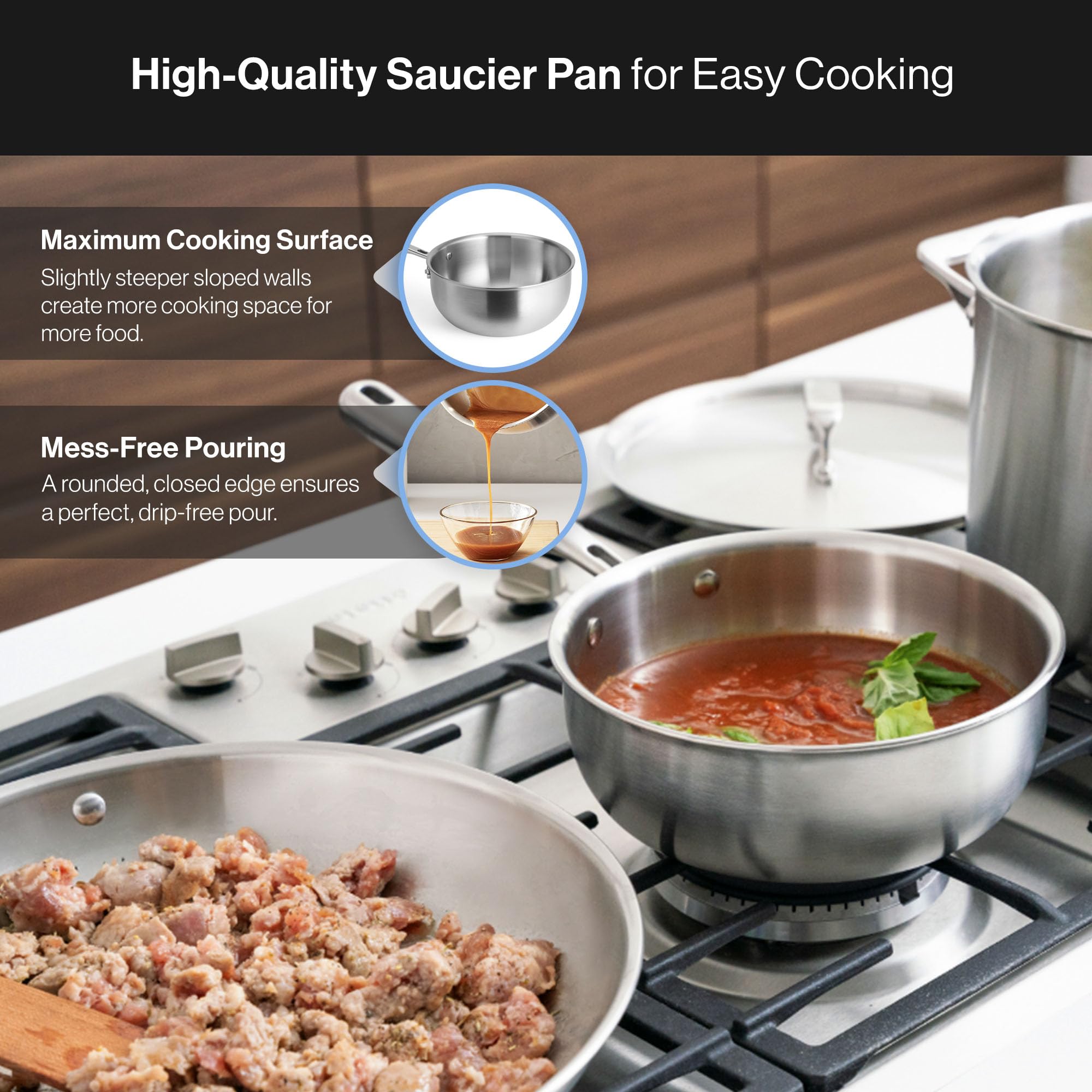 Misen 5-Ply Stainless Steel Saucier Pan with Lid - Induction Compatible 3 QT Sauce Pot with Curved Sides for Smooth Stirring - Oven Safe to 800°F - Even Heat Distribution & Ergonomic Handle - Perfect for Sauces, Soups, and Risotto Cooking
