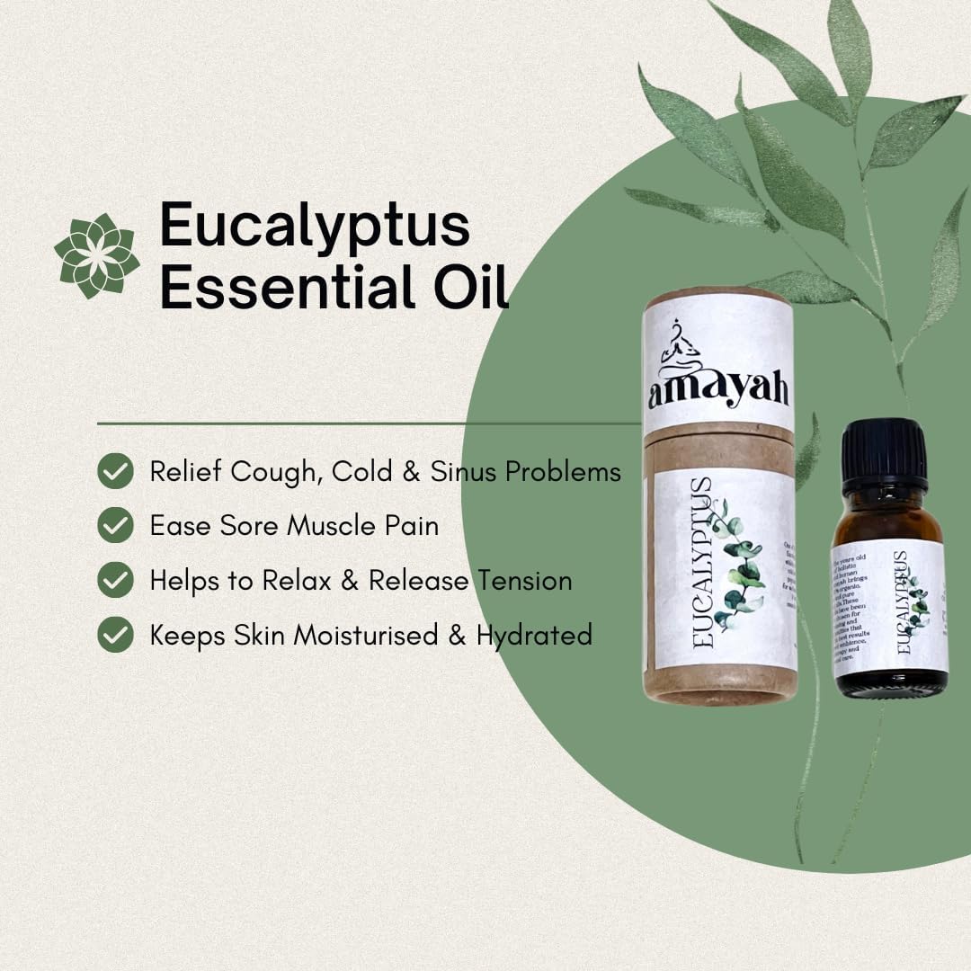 Amayah 100% Pure Natural Eucalyptus Essential Oil for Hair & Skin Care - Treats Dandruff, Acne, Stress Relief & Aromatherapy - Perfect for Diffusers, Massage & Spa Relaxation