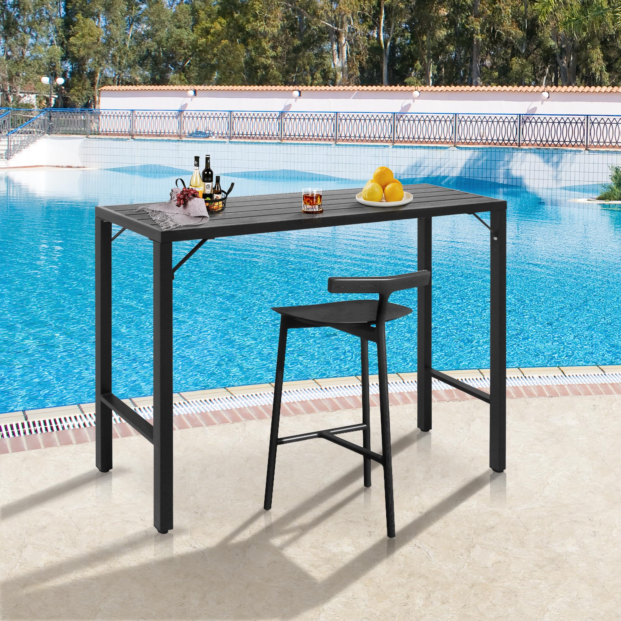 55 Inch Outdoor Bar Table - Patio Bar Height Counter with Waterproof Top for Balcony, Garden, Yard & Poolside - Black Pub Dining Table for Outdoor Entertaining & Relaxation