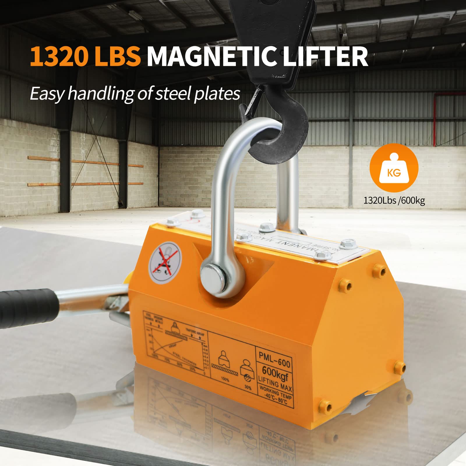 RYFT 1320Lbs Permanent Magnetic Lifter with Release - 600KG Heavy Duty Neodymium Lifting Magnet for Shop Crane, Hoist, Steel Plate & Board Handling - Ideal for Construction, Metal Fabrication & Industrial Lifting Operations