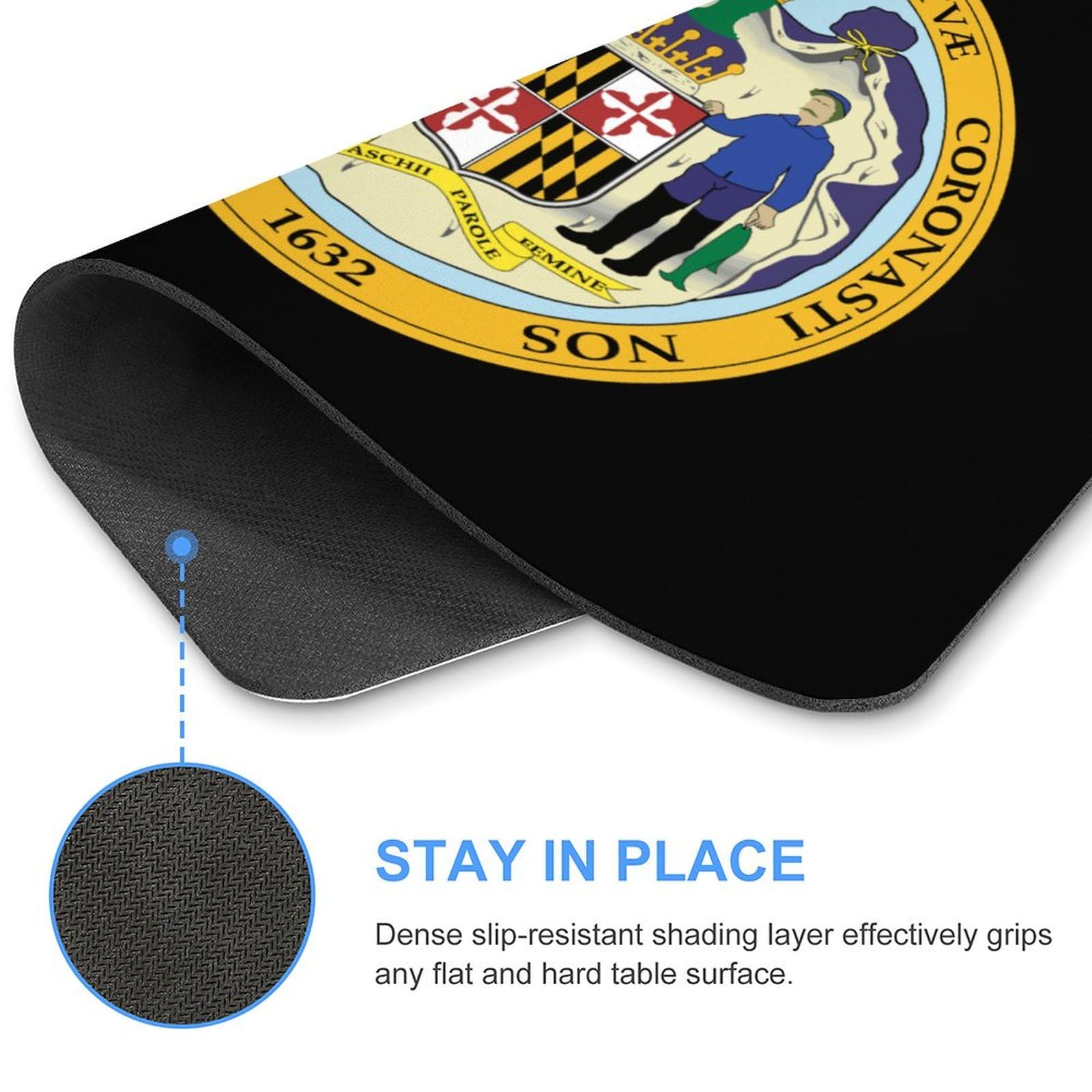 Maryland State Seal Non-Slip Square Mouse Pad - Durable Computer Mouse Mat for Laptop, Home, Office, and Gaming Use