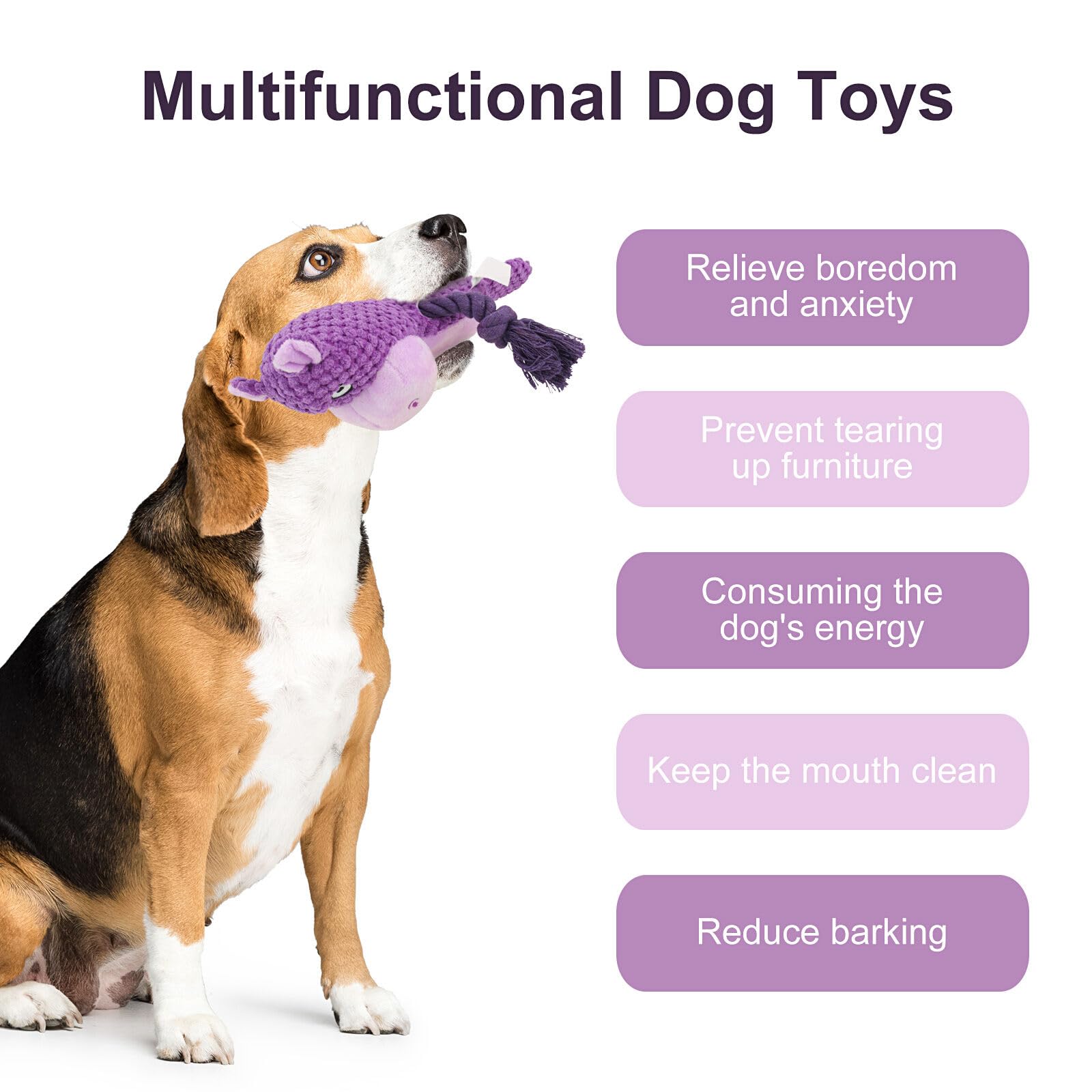 Durable Dog Chew Toys with Squeaker & Crinkle Paper - Interactive Plush Stuffed Animal & Cotton Rope Puppy Toys for Small & Medium Dogs - Purple Hippo Design - Perfect for Playtime, Training & Teething Relief
