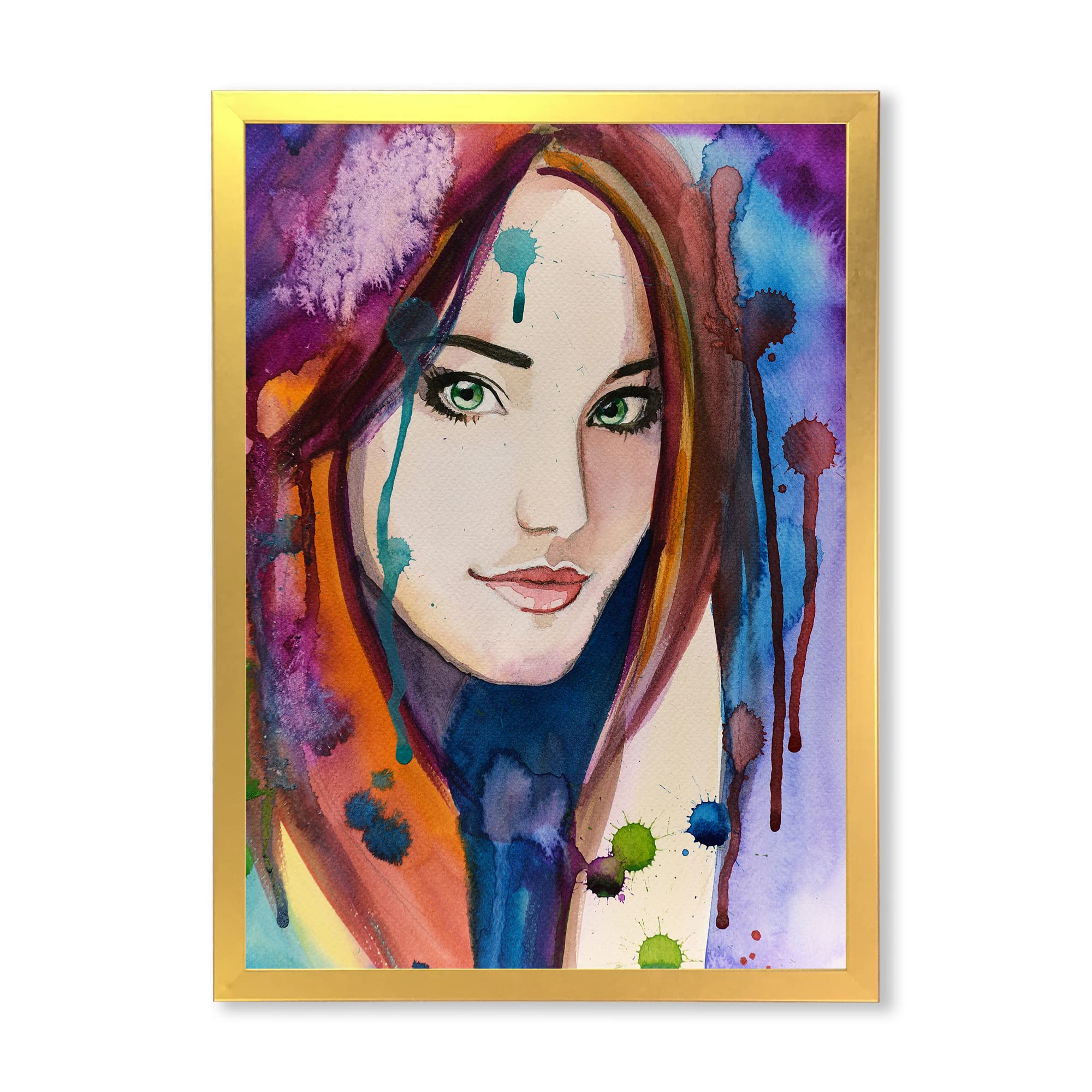Vibrant Colorful Portrait of Young Woman - Traditional Framed Wall Art Decor for Living Room, Bedroom & Office