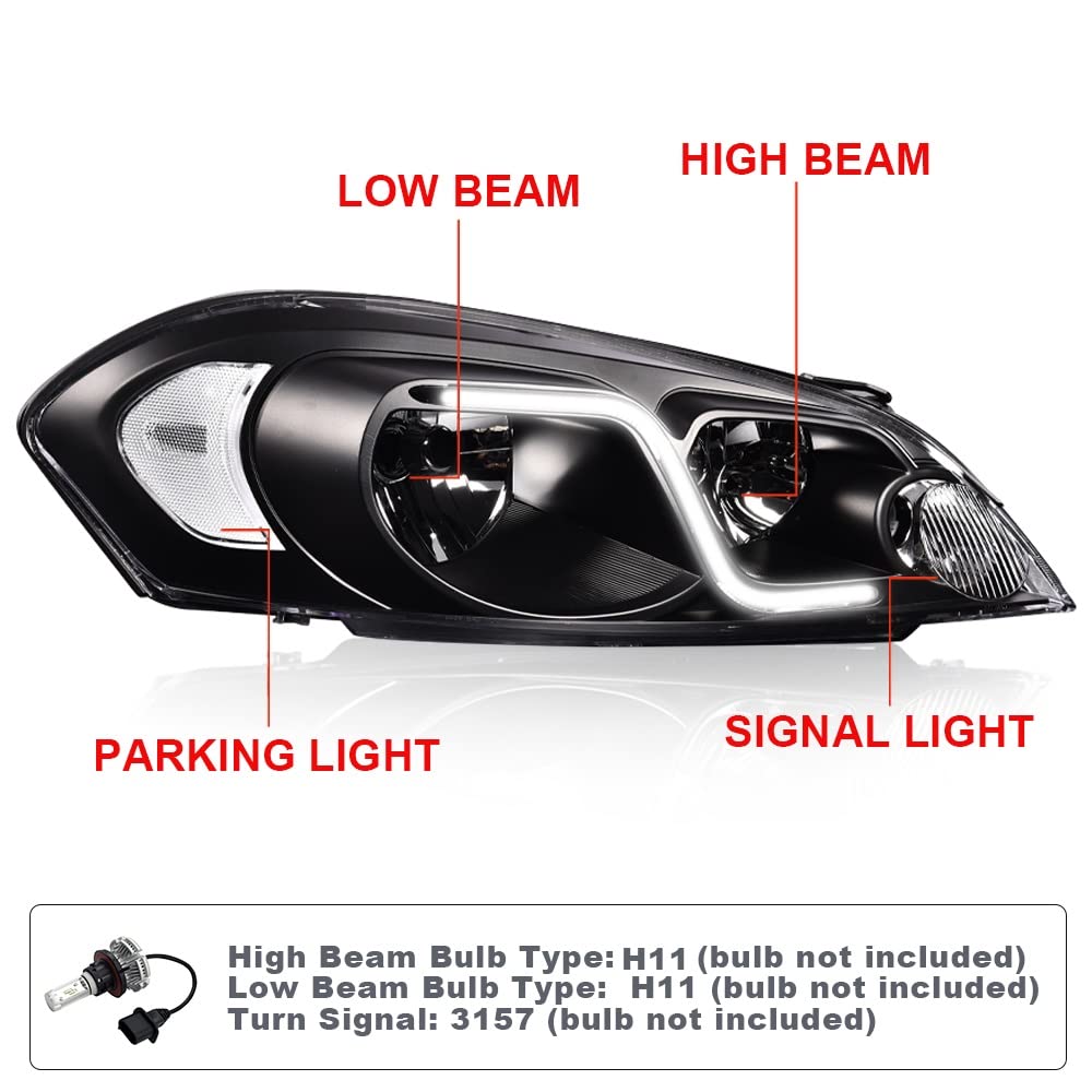 PIT66 LED DRL Headlight Assembly - Compatible with 2006-2013 Chevy Impala, 2014-2016 Impala Limited & 2006-2007 Monte Carlo - Clear Lens, Black Housing, Clear Reflector - Upgrade Your Night Driving Safety & Style