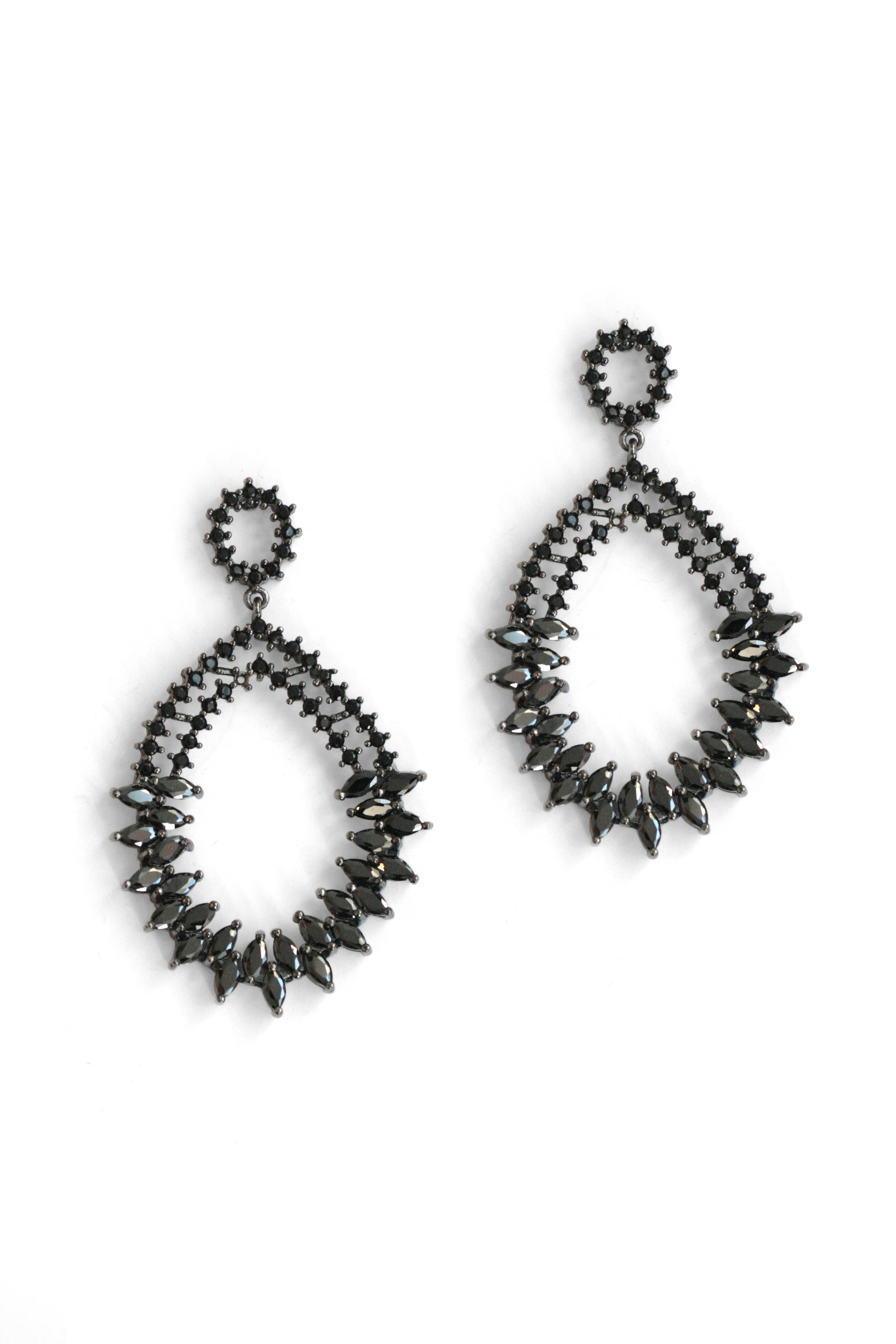 Black Crystal Encrusted Drop Earrings for Women - Elegant Dangling Jewelry for Parties, Weddings & Evening Events