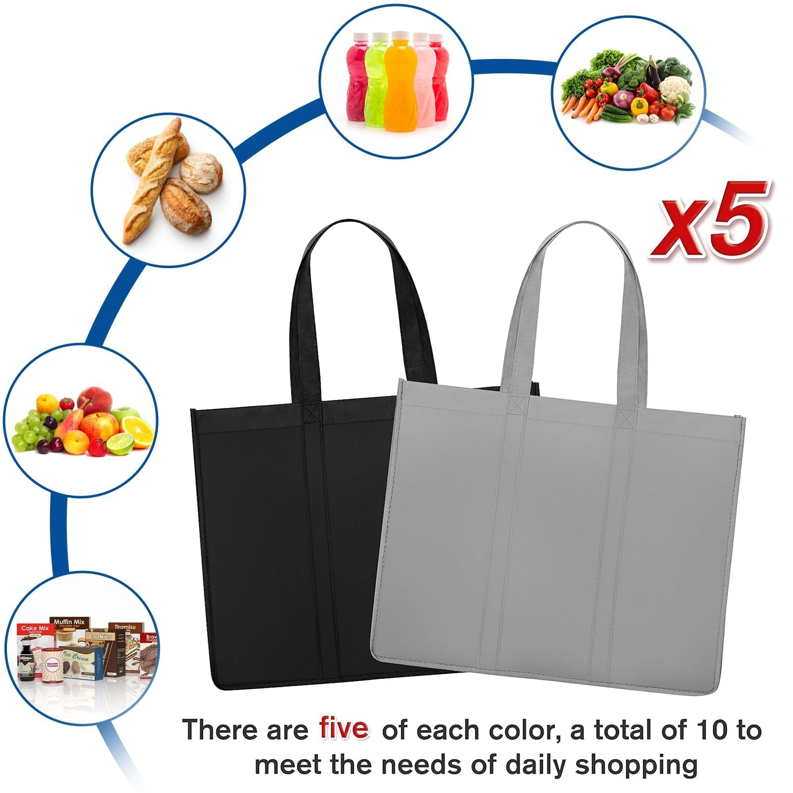 WISELIFE 10 Pack Large Reusable Grocery Shopping Bags - Foldable Eco-Friendly Tote Bags with Long Handles for Groceries, Clothes & Produce (Grey & Black) | Perfect for Grocery Shopping, Farmers Markets & Travel
