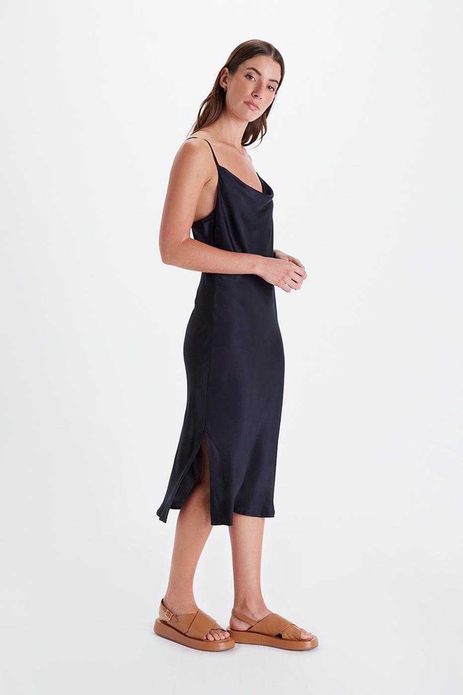 Elegant Cowl Neck Satin TENCEL™ Midi Dress for Women - Soft & Flowy, Available in Multiple Colors | Perfect for Date Nights, Cocktail Parties & Special Occasions