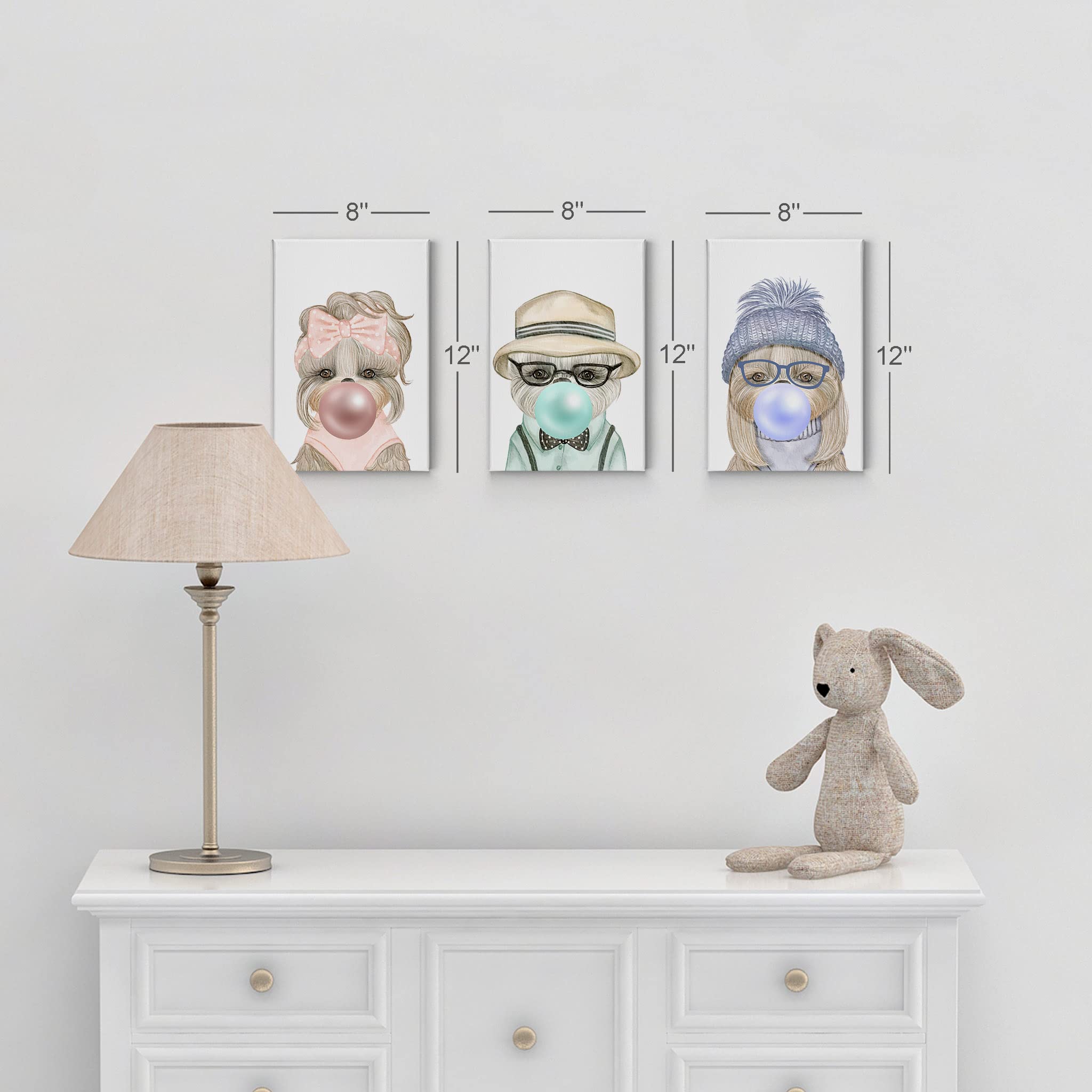 3-Piece Canvas Wall Art Set - Pop Art Portrait of Three Stylish Dogs Chewing Bubble Gum in Pink, Teal, Blue & Purple | Modern Animal Art for Living Room, Bedroom, Nursery & Kids Room Decor (22x15 Inches)