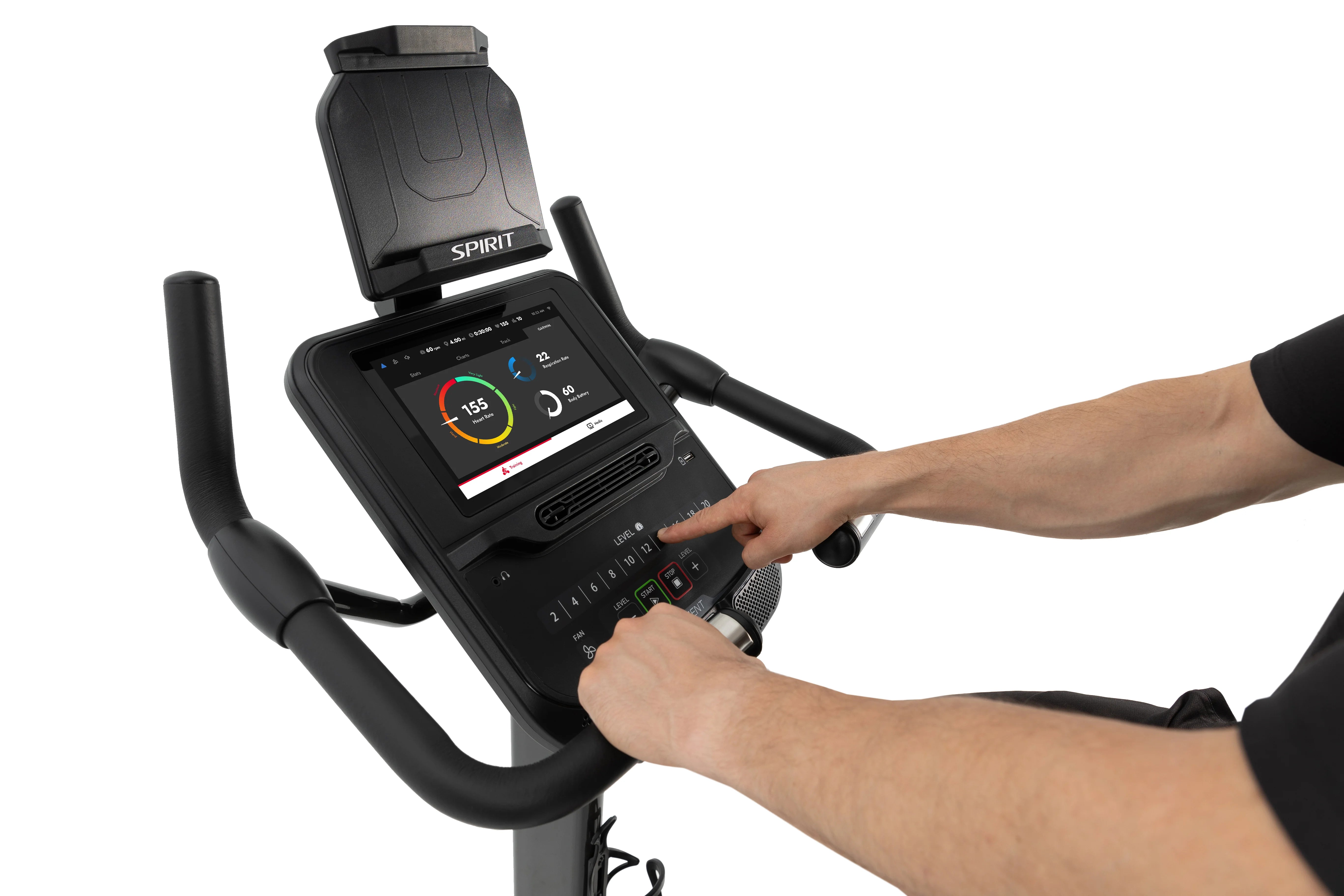 Spirit XBU55ENT Upright Exercise Bike with Entertainment Features - Home Gym Equipment for Cardio Workouts & Indoor Cycling Training - Perfect for Small Spaces & Apartment Fitness